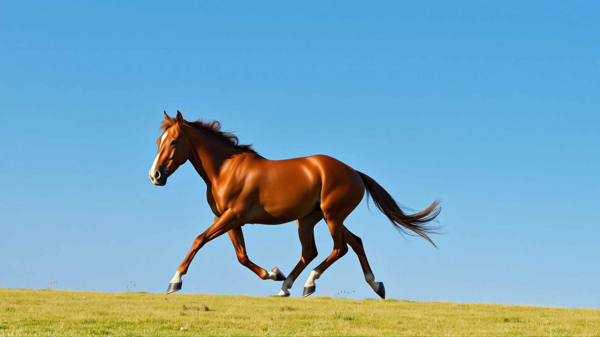 Full-body portrait of a healthy chestnut horse galloping lightly across a green pasture under a clear blue sky