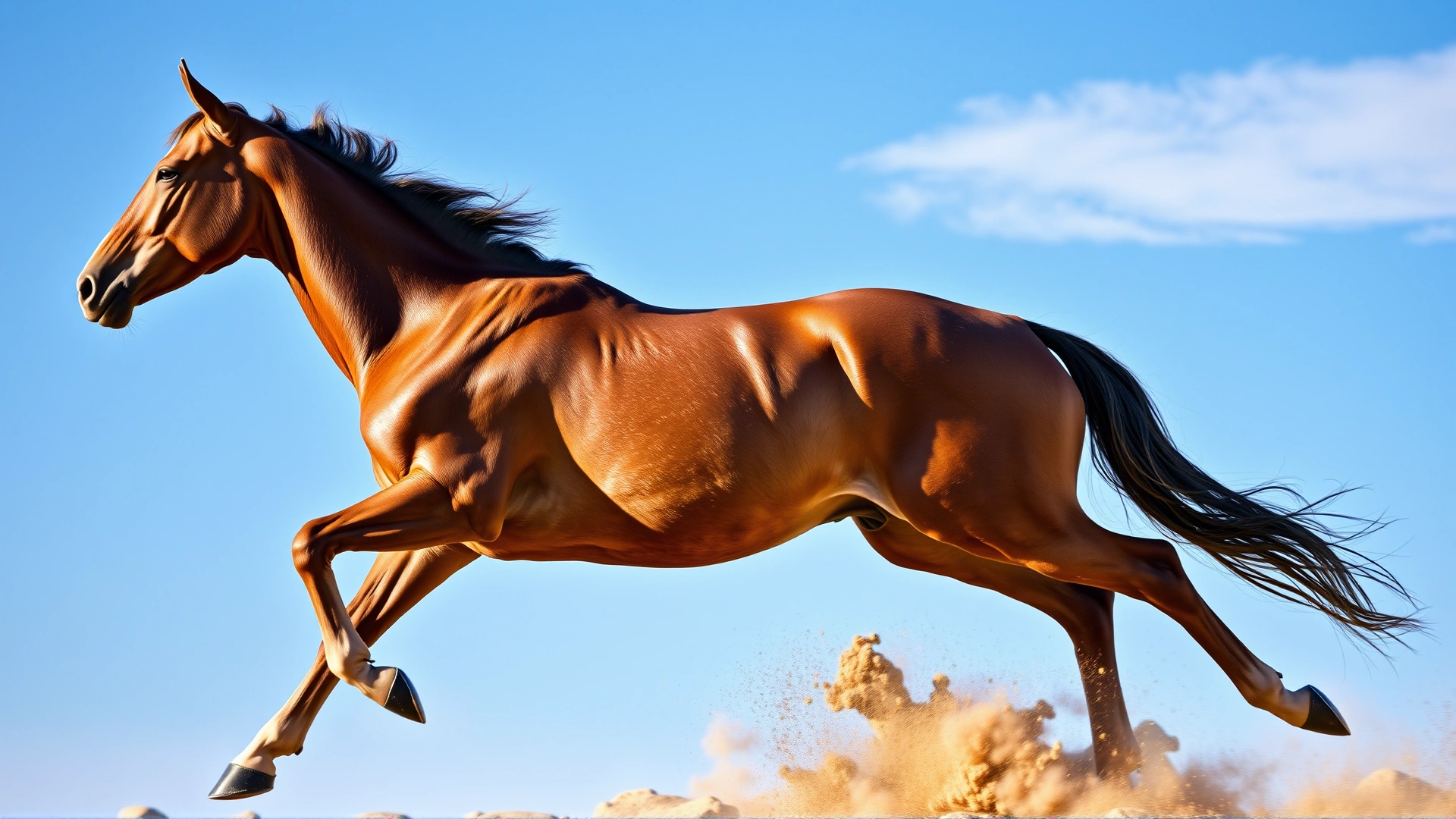 Dynamic side view of a galloping horse with visible muscle definition, dust kicking up under its hooves, blue sky background, no text