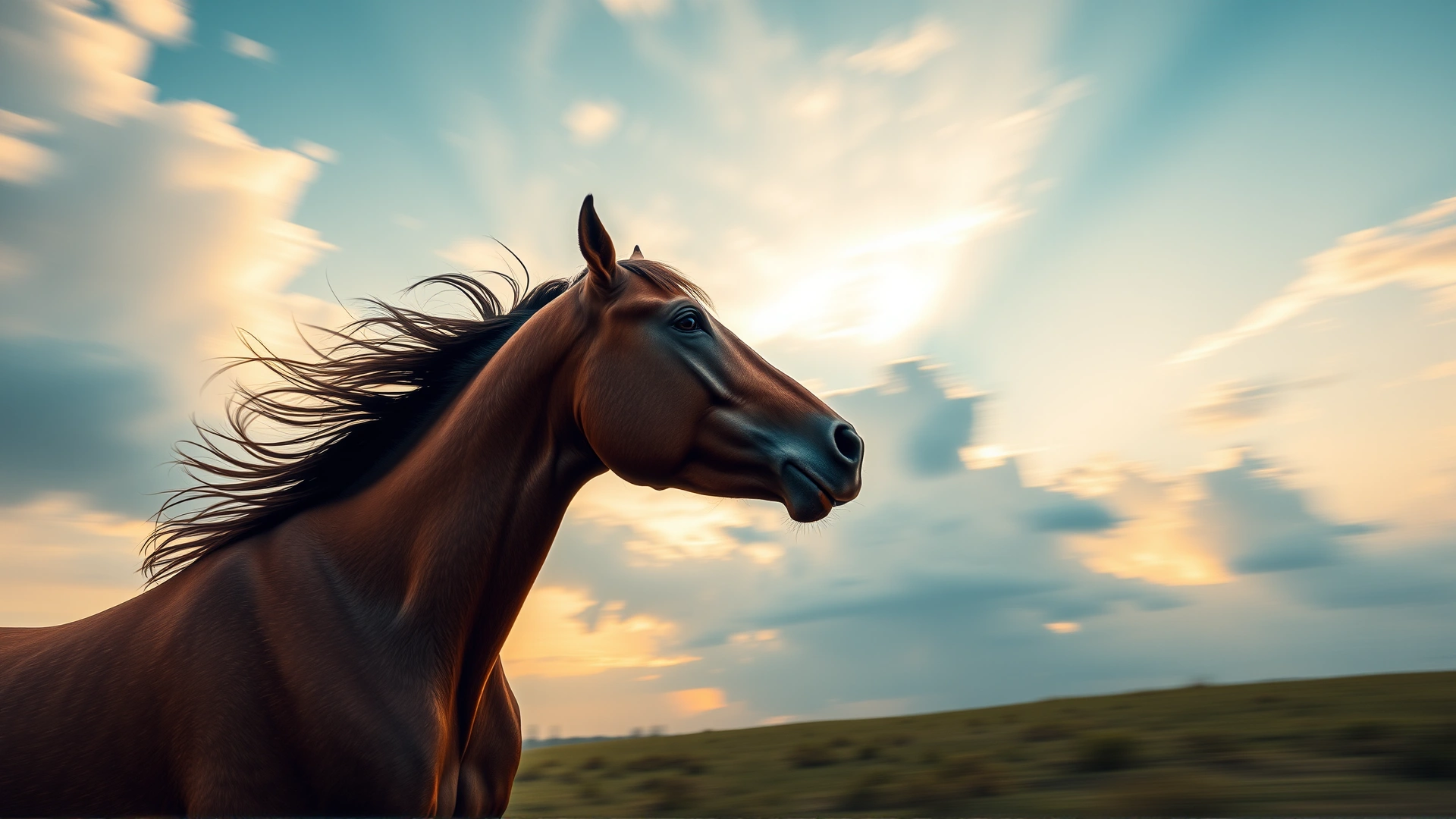 Wide-angle shot of a galloping horse at sunrise with soft motion blur to convey energy and movement, no text on image