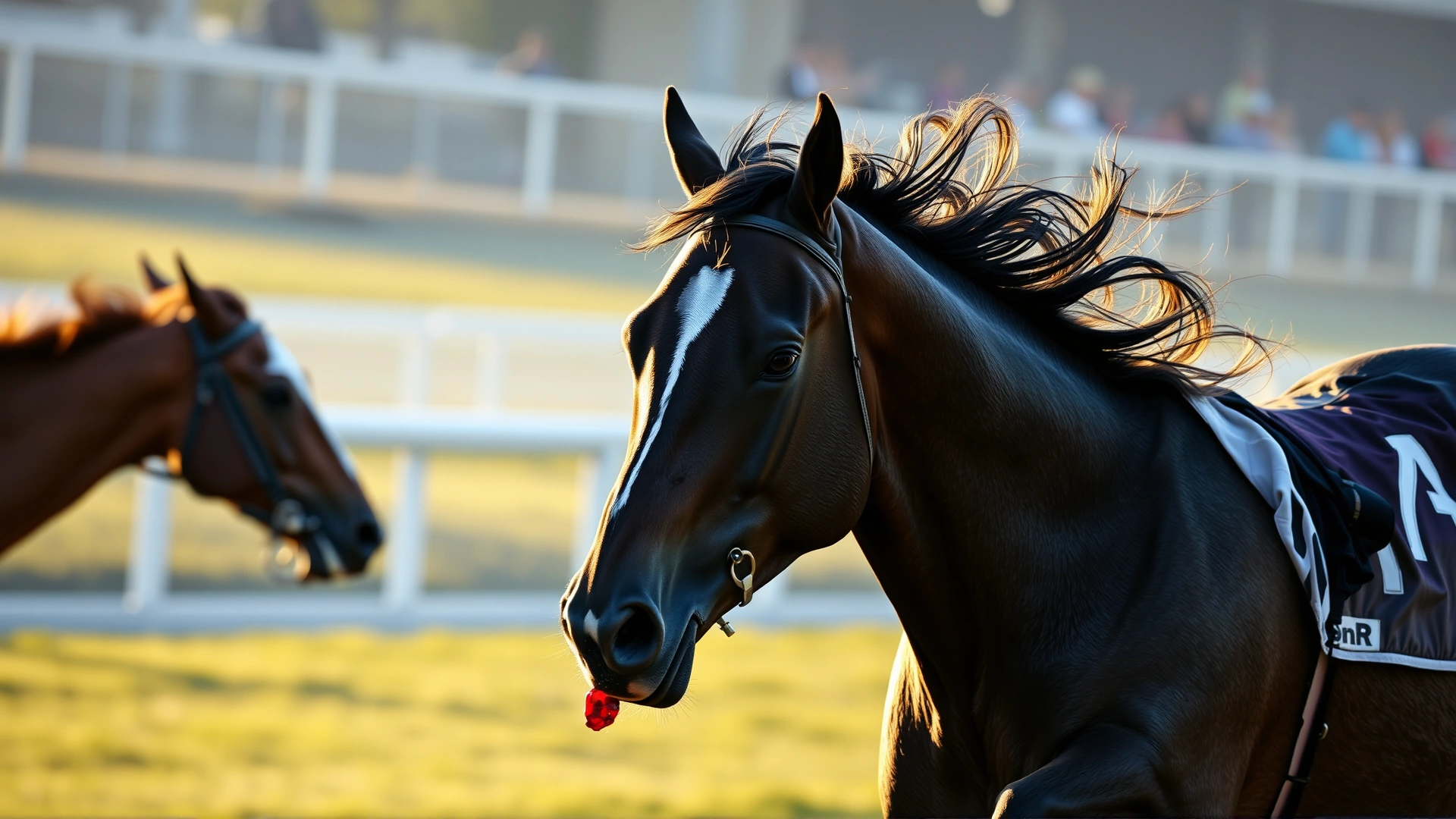 High-resolution image of a racehorse sprinting on a track with a faint trace of blood at its nostrils, shot in early morning light.