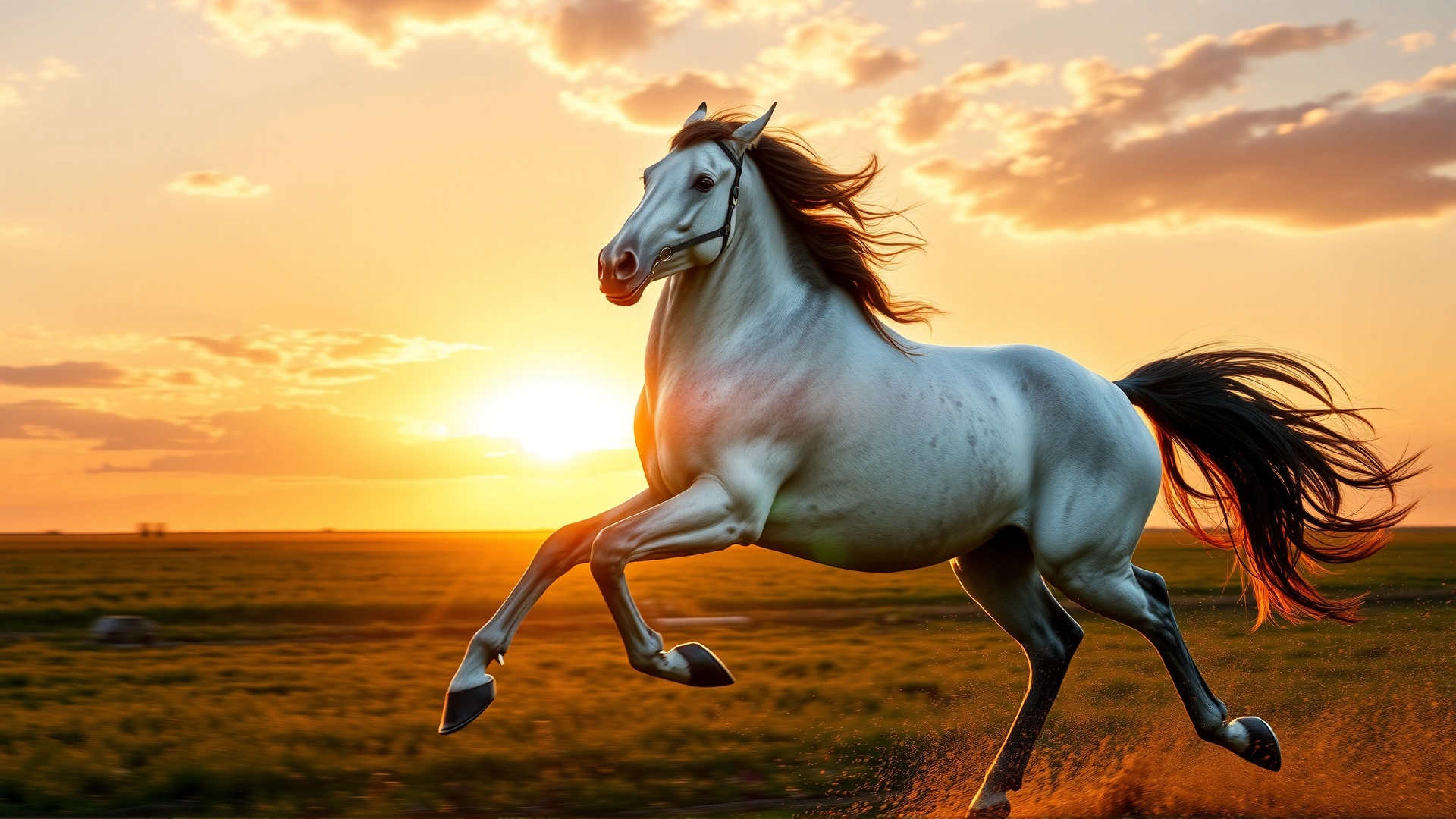 Dynamic action shot of a galloping stallion against a sunrise, conveying strength and vitality.