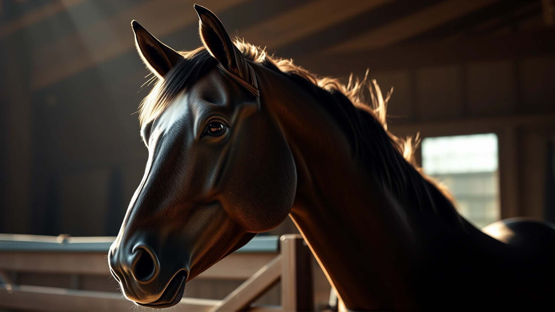 Close-up of a majestic horse’s head with subtle backlighting in a stable environment, conveying alertness and health