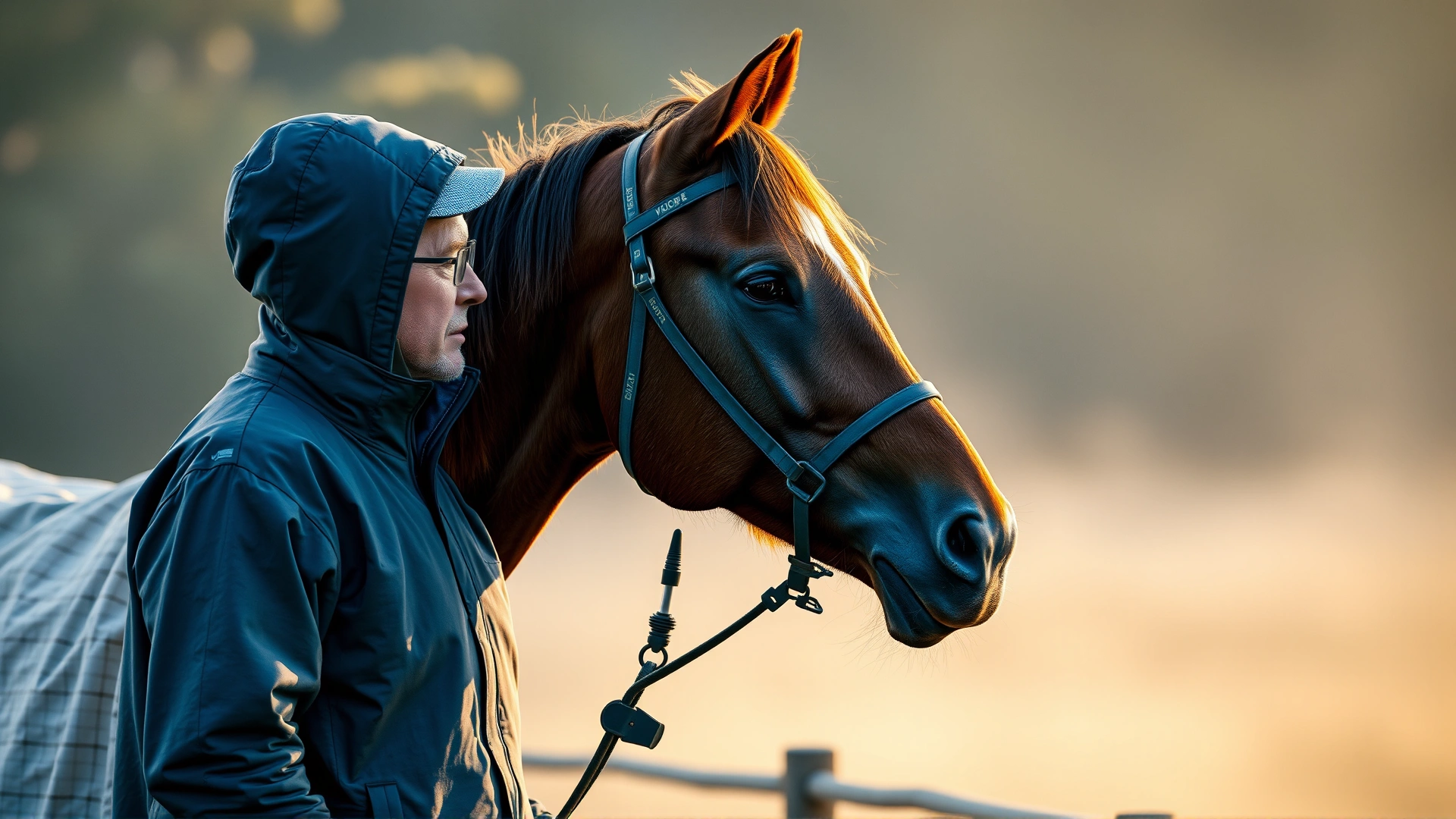 A concerned horse owner standing beside a chestnut horse wearing a light blanket on a misty morning, conveying care and attention. No text.