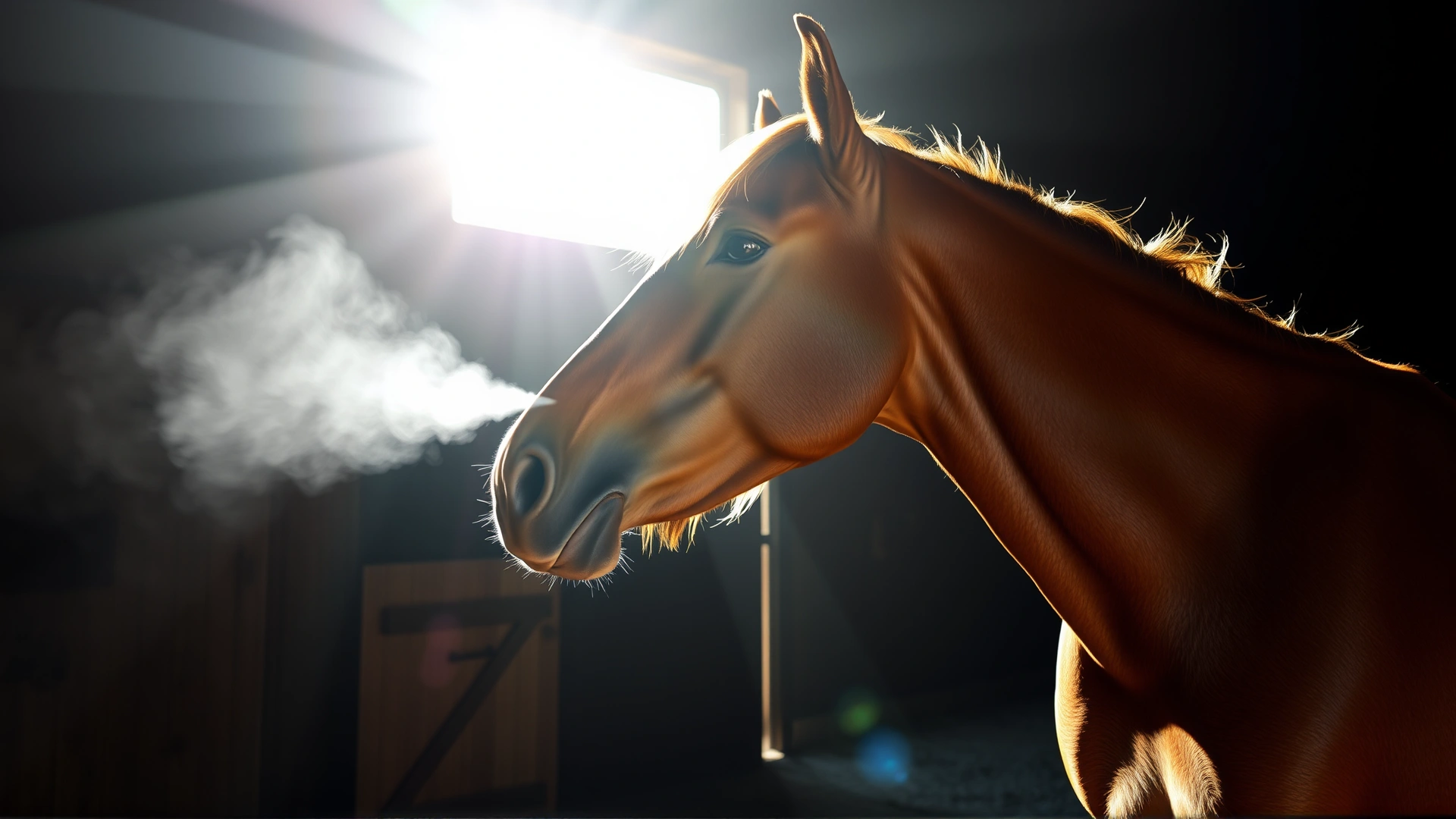 Wide panoramic image of a majestic horse farm at sunrise with a pregnant mare in the foreground, evoking a serene and hopeful atmosphere.