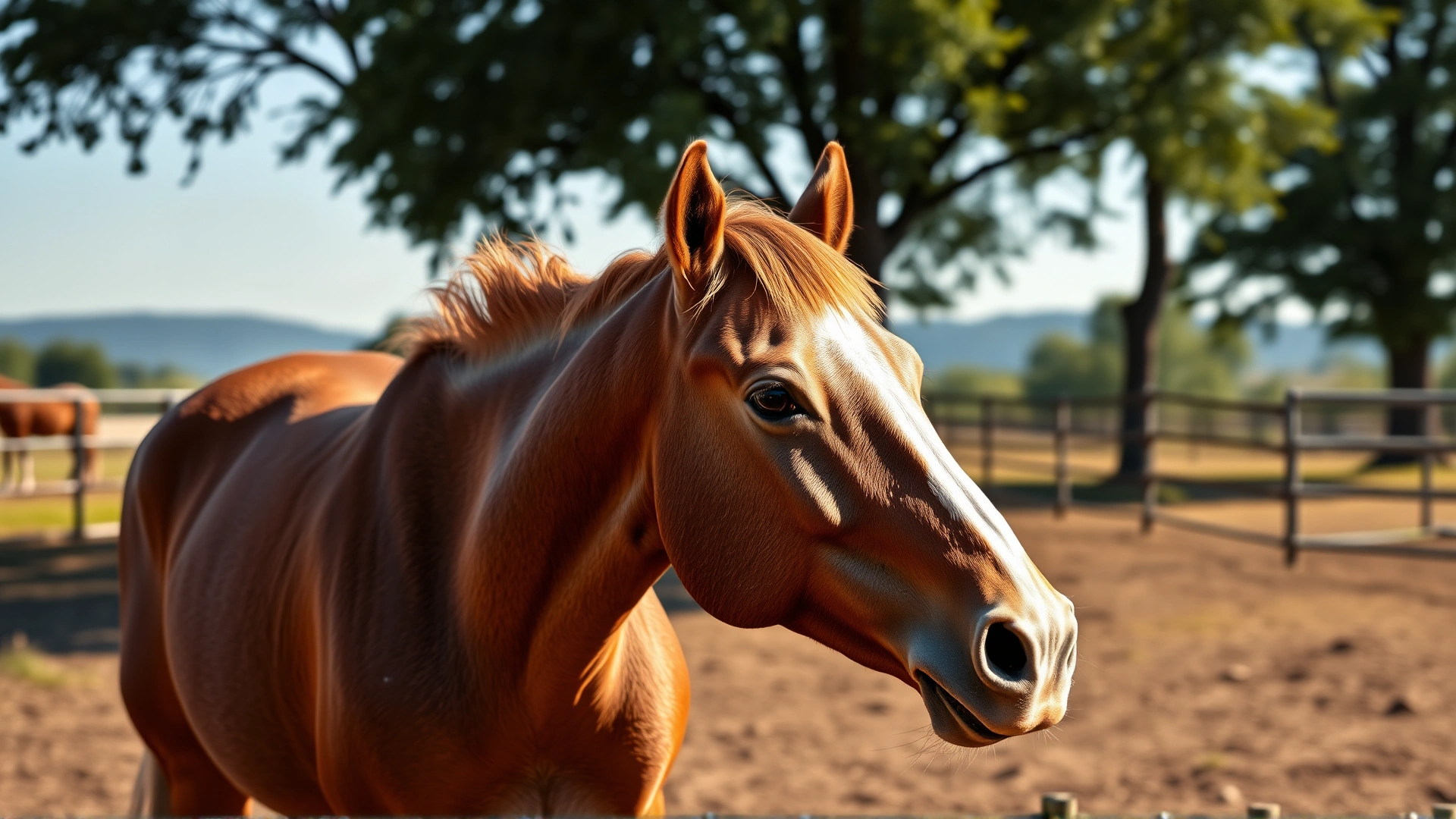 Wide shot of a healthy horse standing in a sunlit paddock, slight focus on neck area, representing overall skin health, no text, high resolution