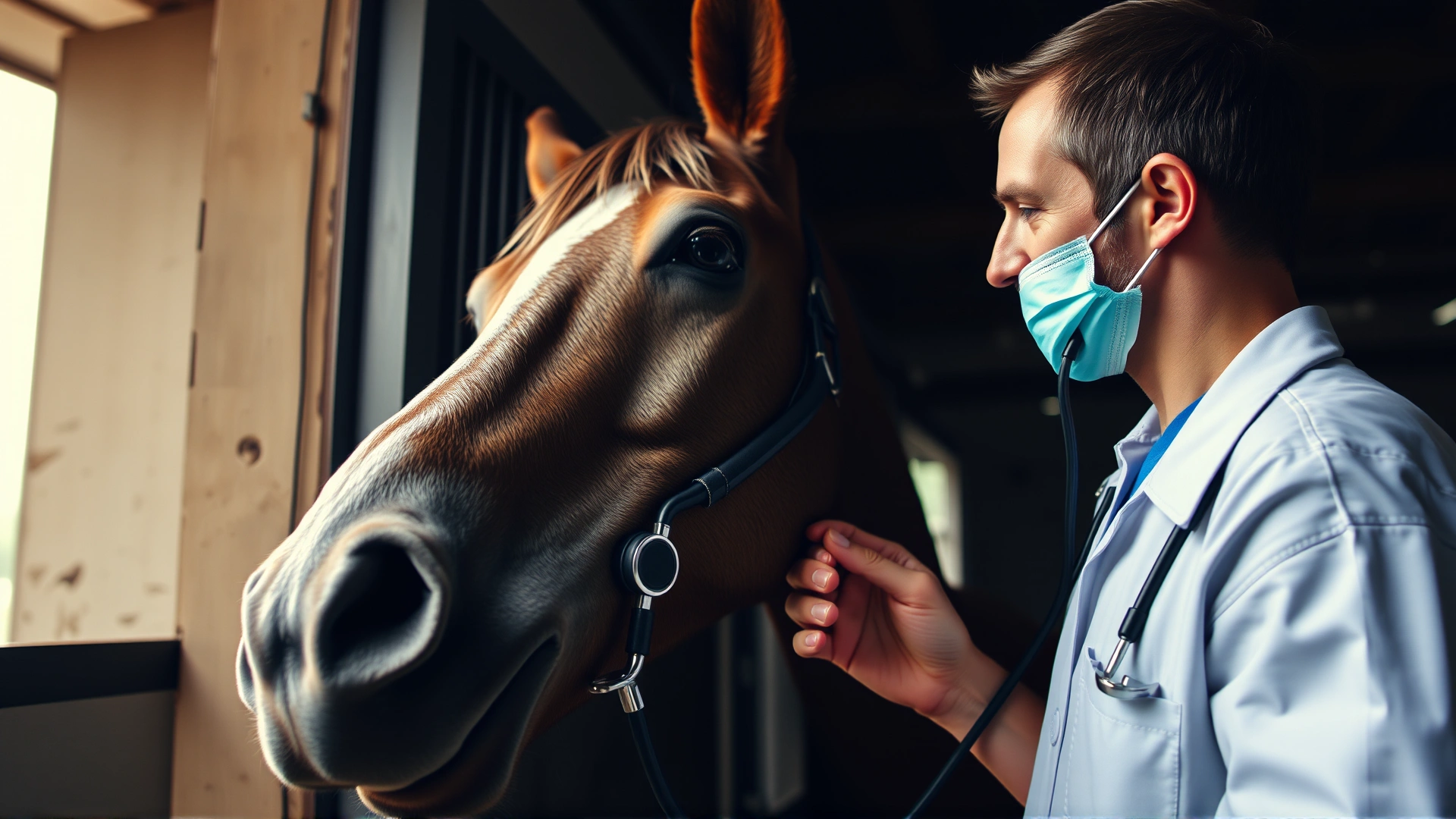 Wide-angle shot of a veterinarian listening to a horse's lungs with a stethoscope inside a well-lit stable, conveying care and professionalism.