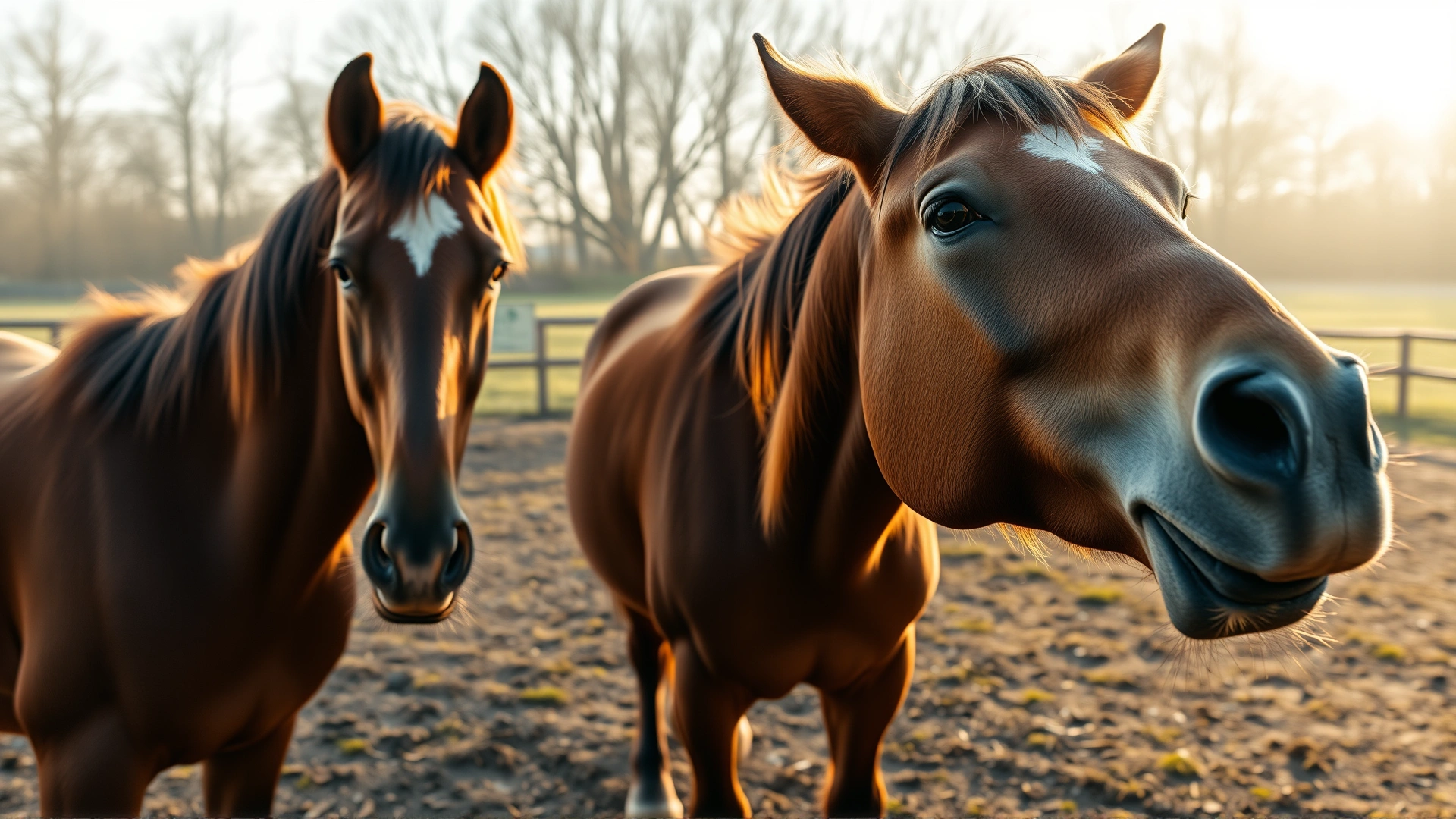 Wide angle shot of a bay horse in a paddock with visible nasal discharge under warm morning light.