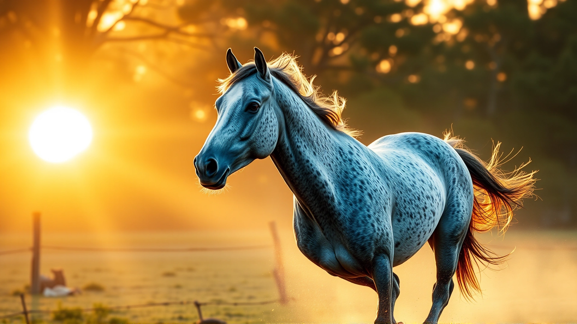 Wide-angle sunrise shot of a galloping dapple gray horse, warm backlighting and dust for a dynamic hero banner