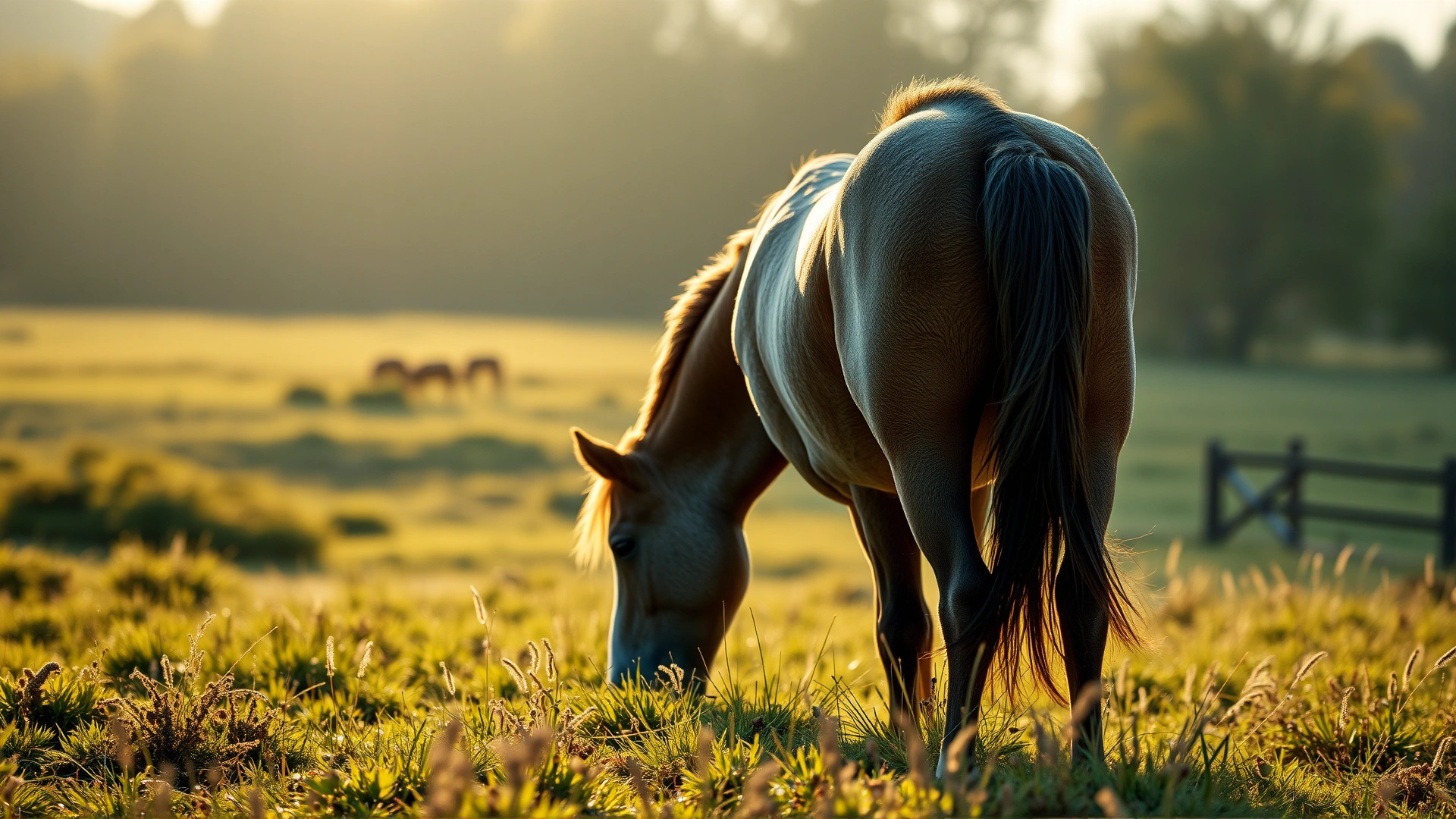 Wide-angle shot of a horse grazing in early morning light with faint hives visible on its side, creating an inviting and informative opening visual