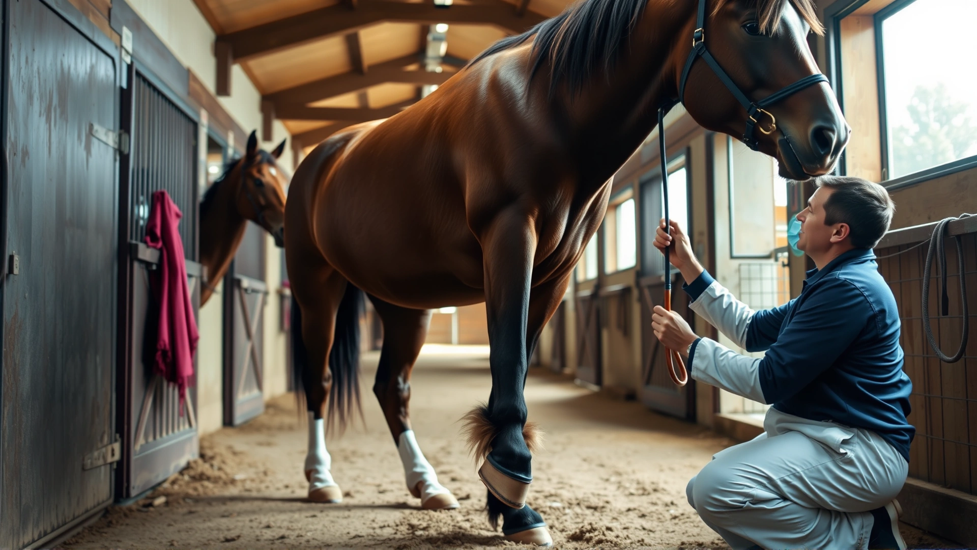 Wide-angle shot of a horse lifting one hoof while a veterinarian kneels beside it in a barn aisle, natural lighting, conveys care and examination.