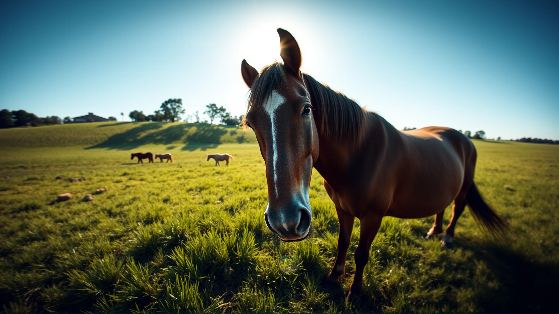 Wide-angle shot of a horse grazing under bright sunlight in a green pasture, highlighting the contrast between sunlit areas and shade