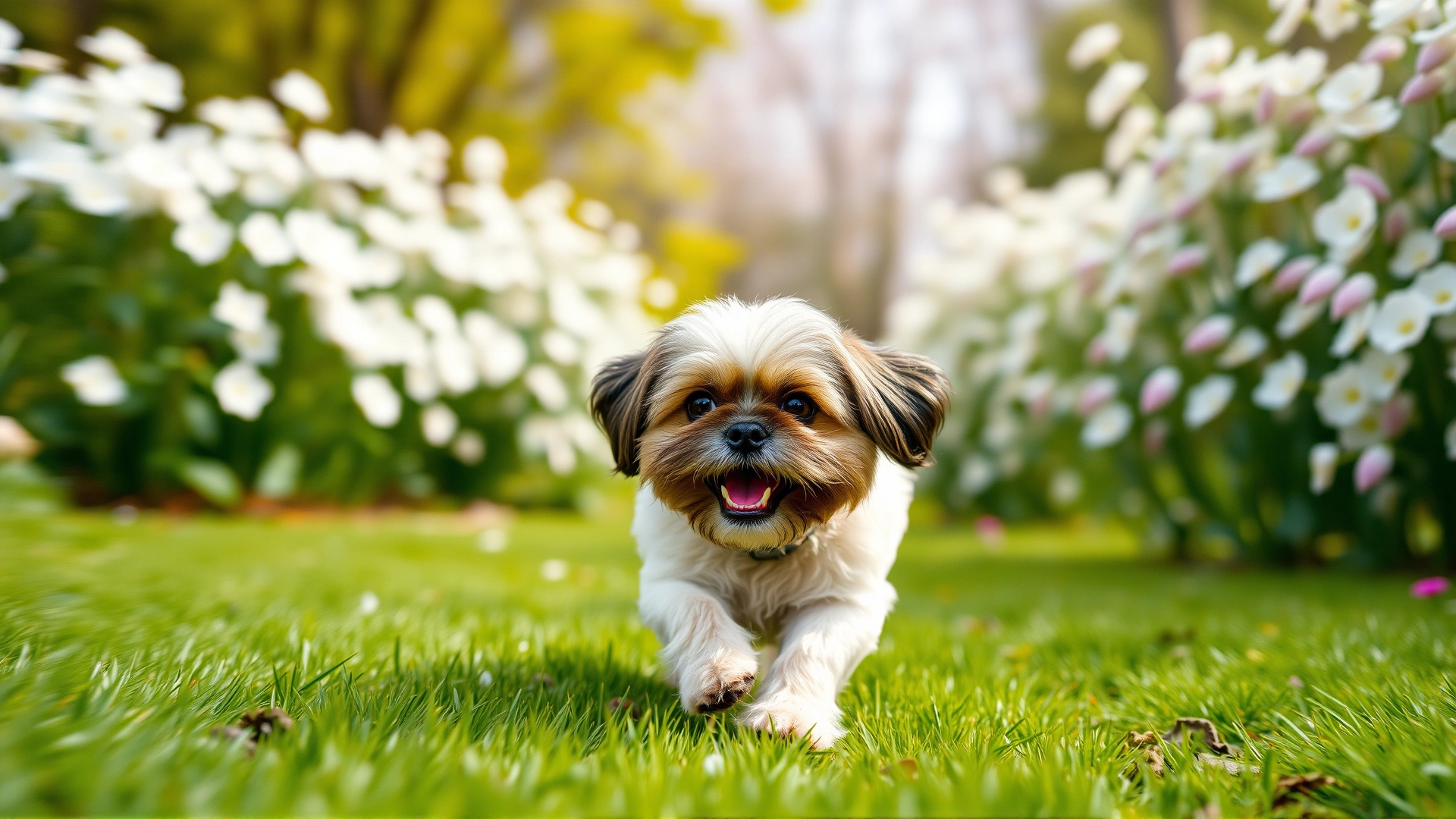 Wide-angle shot of a happy Shih Tzu running toward the camera in a blooming garden during spring, motion blur background