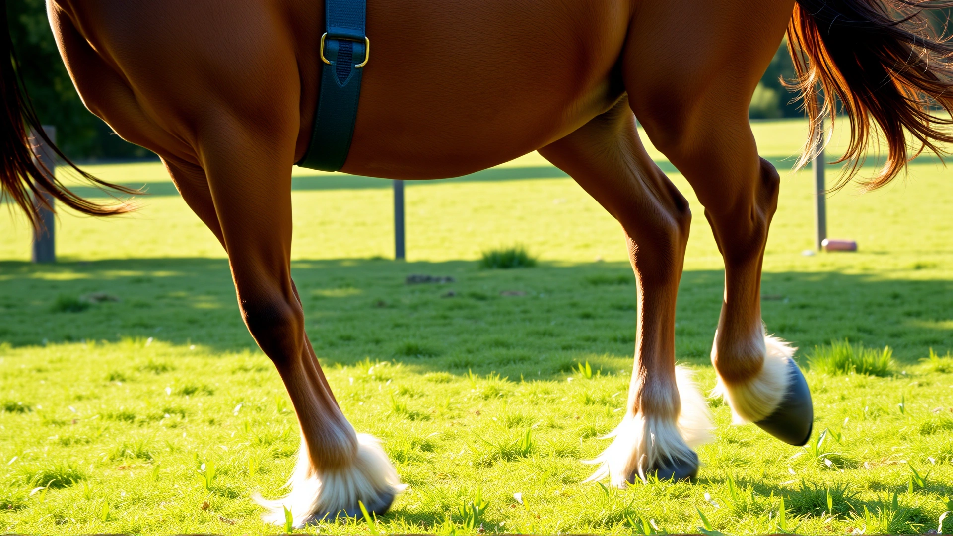 Wide-angle shot of a healthy horse galloping in a green pasture with sunlight highlighting its legs – conveys vitality and draws attention to limb health