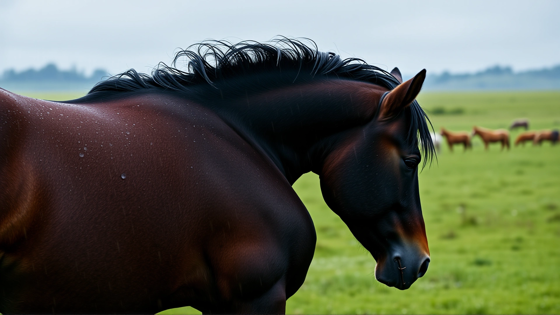 Full-body side profile of a horse in a green pasture just after rainfall, water droplets visible on its coat, overcast sky in background.