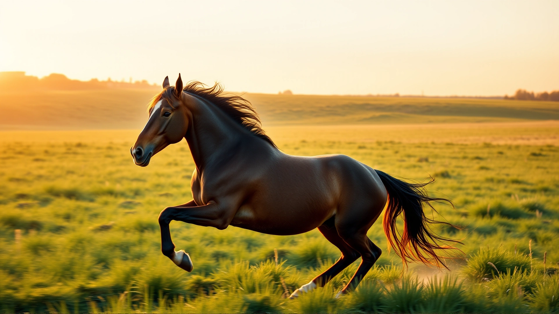 Wide-angle shot of a horse galloping across a green meadow at dawn, warm golden sunlight and slight motion blur to convey vitality.