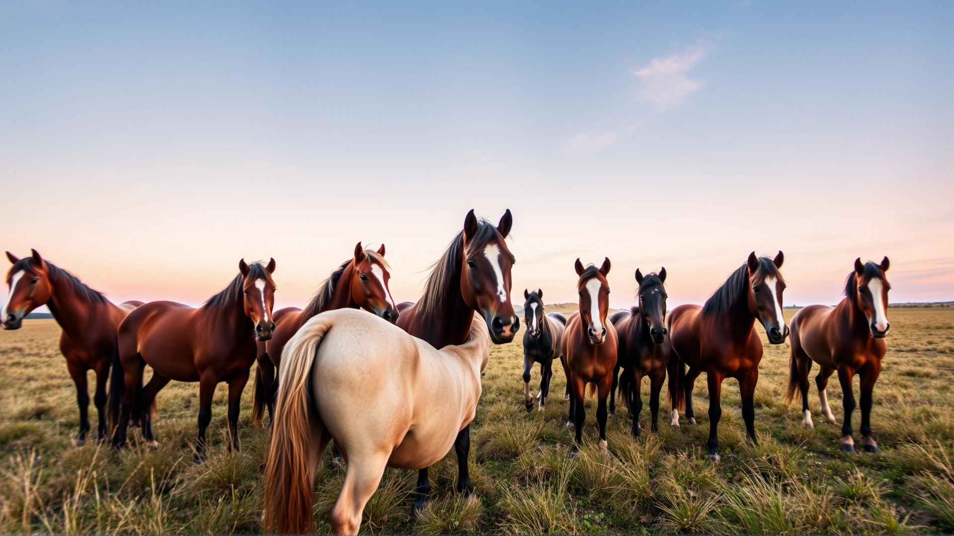 Wide-angle shot of a green horse pasture at sunrise with a small herd of horses galloping, warm golden light symbolizing vitality and hope.