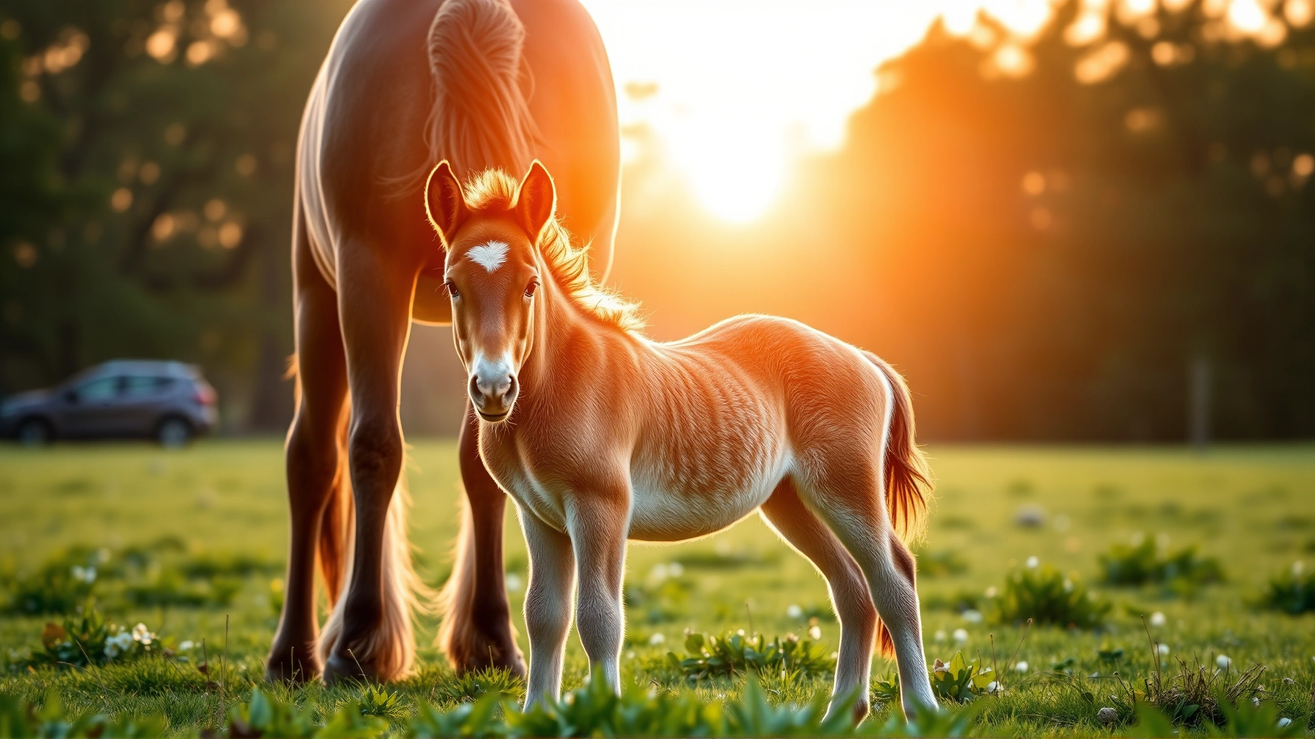 Cheerful foal standing next to its mother in a green pasture during sunrise, symbolizing health and vitality, wide shot, golden light