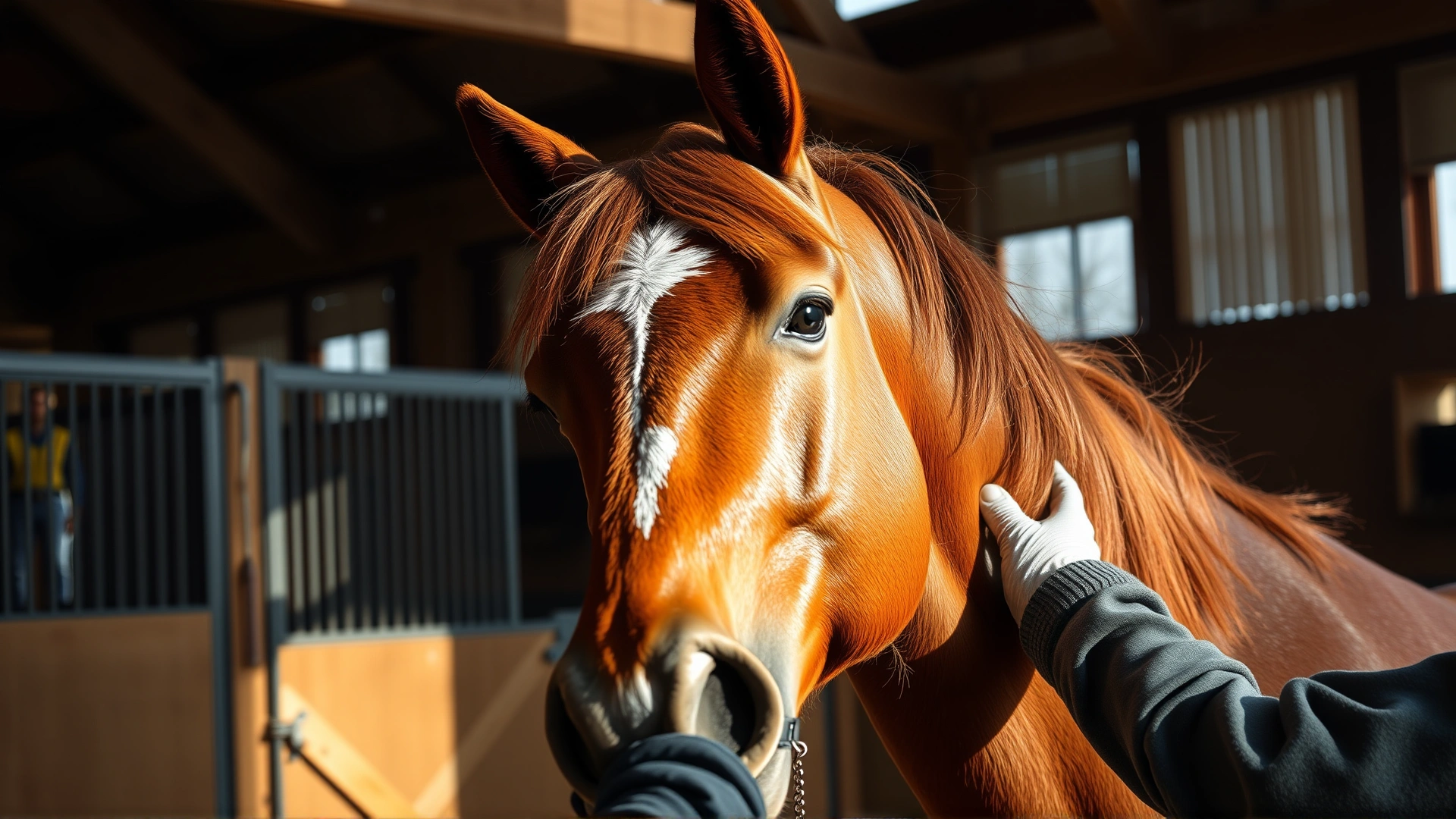 Close-up of a calm chestnut horse while a caretaker applies liniment along its neck inside a sun-lit stable.