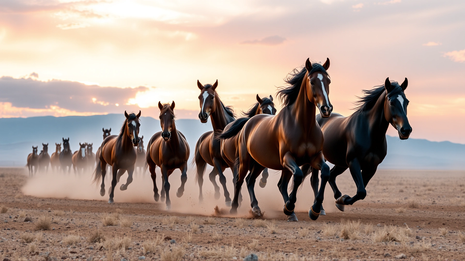 Wide-angle panoramic shot of a herd of horses galloping across an open plain at sunrise, dust clouds highlighting their speed and grace