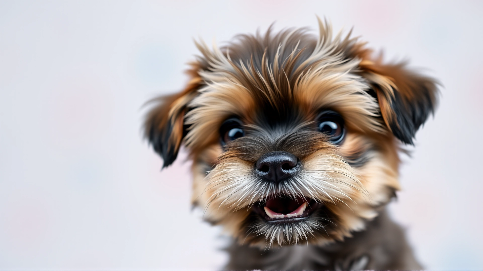 Close-up portrait of a happy Shorkie puppy with big round eyes and a blurred pastel background, high detail, shallow depth of field.