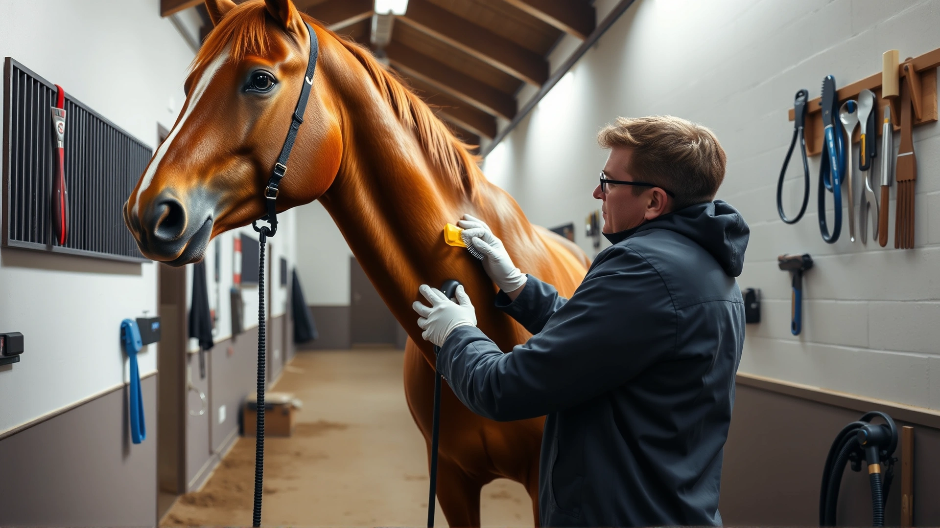 Wide-angle shot of a professional groomer clipping a chestnut horse in a clean, well-lit barn aisle, with grooming tools neatly arranged in the background