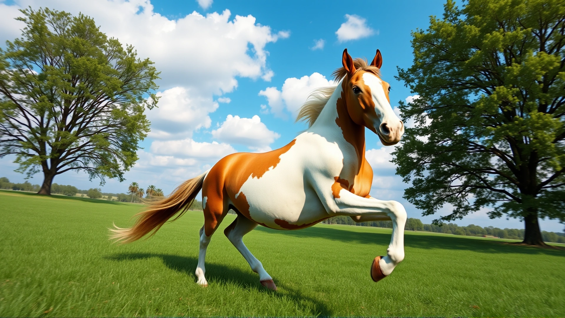 Wide-angle shot of a healthy horse running freely in a green pasture under a blue sky, symbolizing vitality after vaccination.