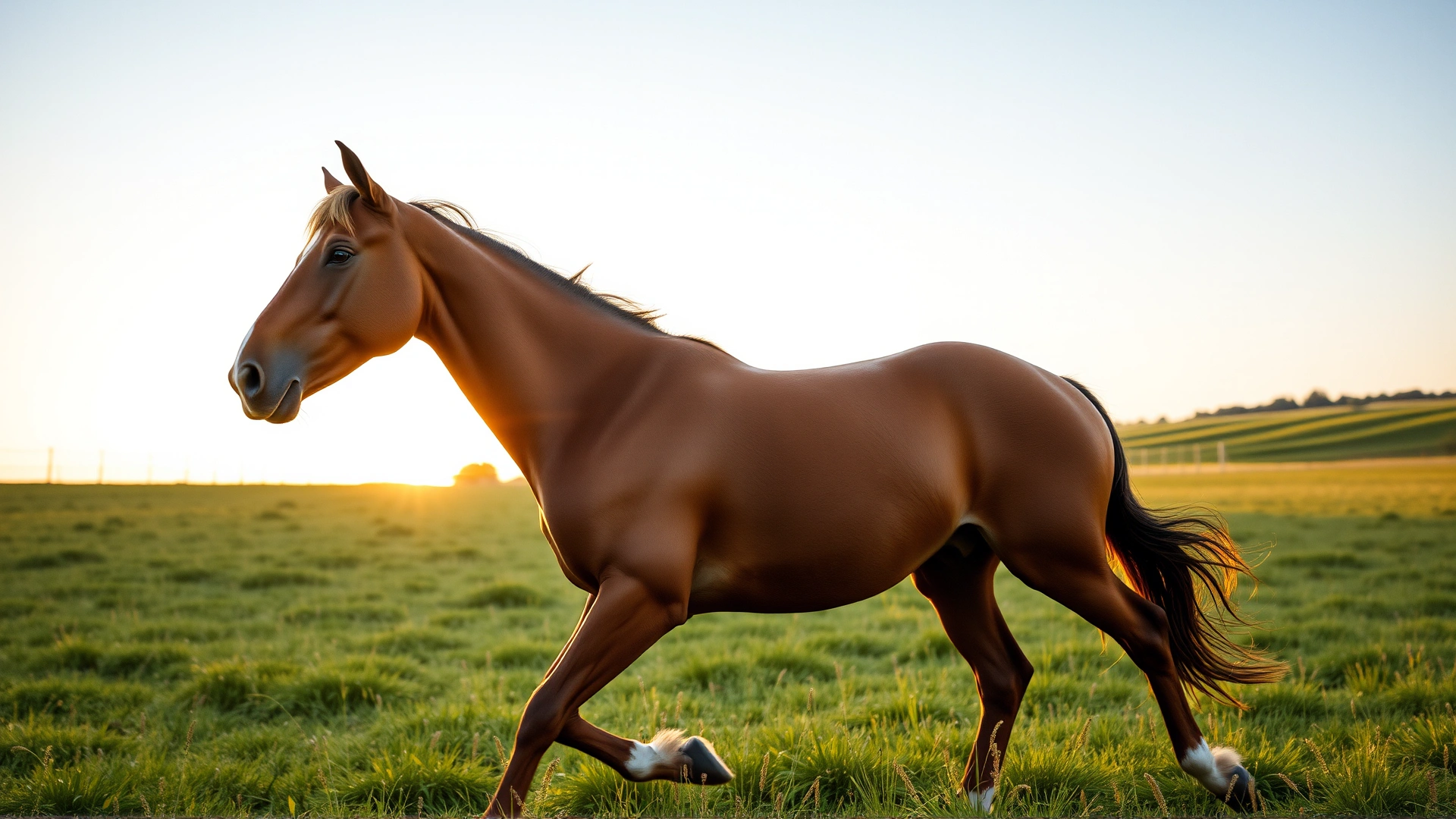 Wide-angle shot of a healthy bay horse cantering through a meadow at sunrise, symbolizing vitality and well-being