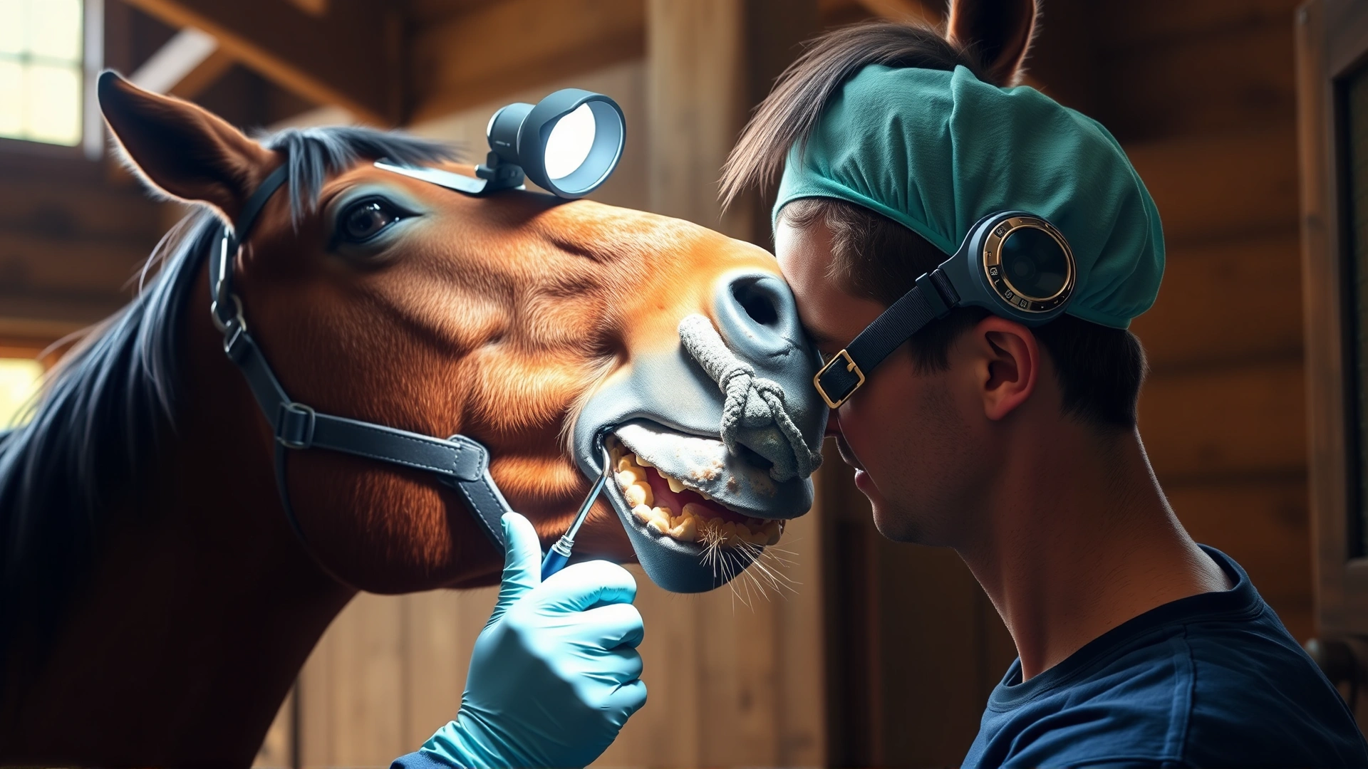 Equine dentist wearing headlamp and speculum examining a bay horse's mouth inside a rustic barn; action shot with soft natural light.