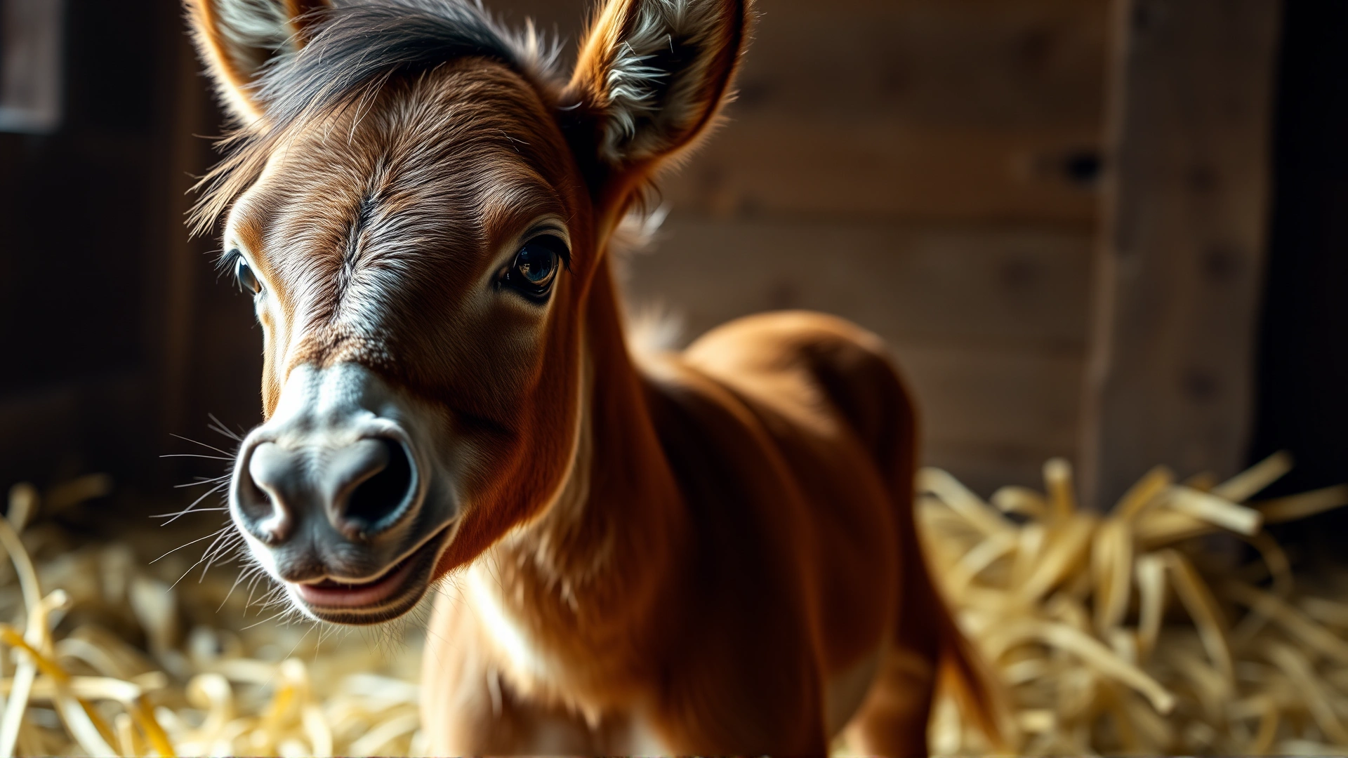 Close-up of a newborn orphan foal looking curiously at the camera while standing on fresh straw, with soft barn lighting, photorealistic