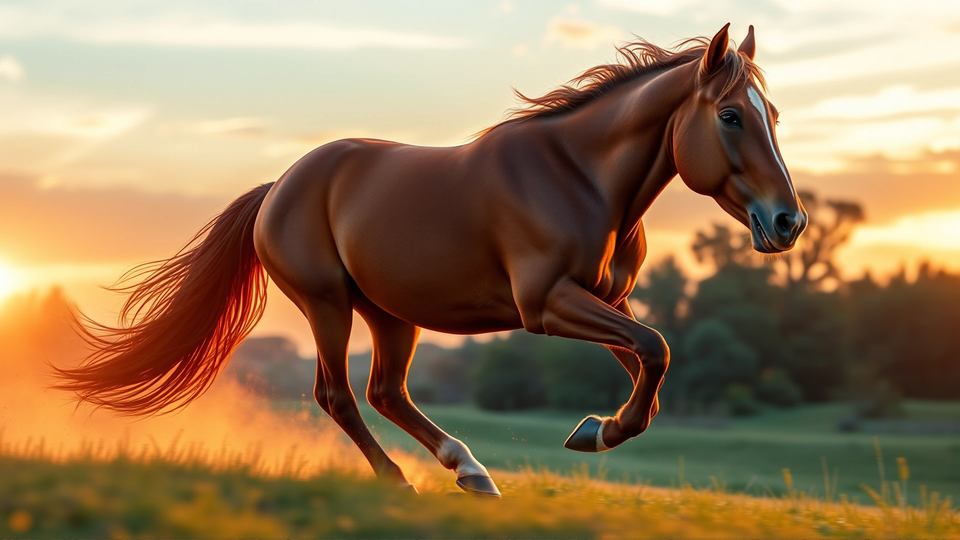 Wide panoramic shot of a vibrant green meadow under a blue sky with a single horse peacefully grazing in the center, no text