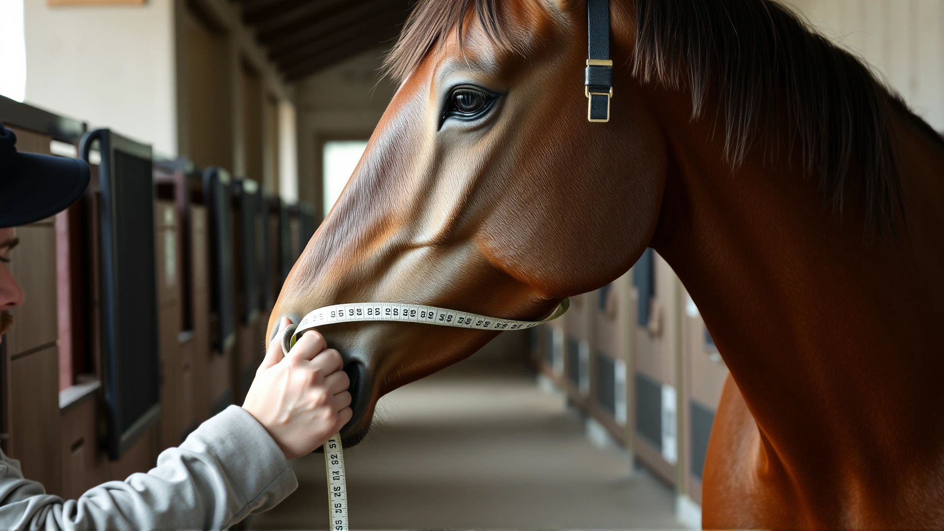 Close-up action shot of a handler measuring a calm bay horse's chest with a soft measuring tape inside a well-lit barn aisle, no text