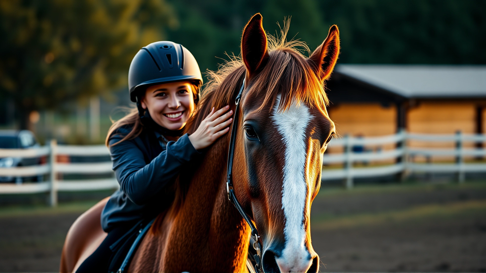 Close-up of a happy rider gently hugging a calm chestnut horse in an outdoor arena during golden hour, conveying the emotional bond between human and horse.