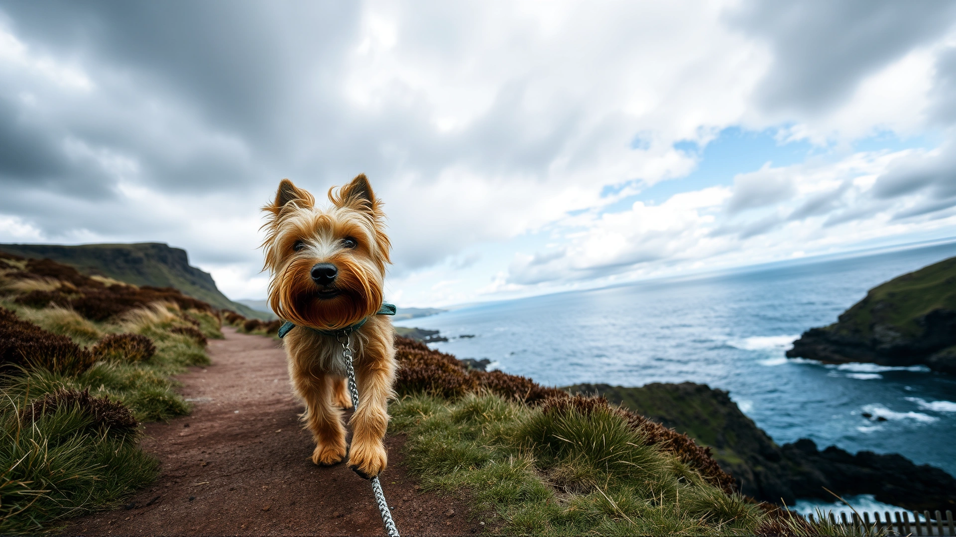 Wide-angle photo of a Skye Terrier trotting along a windswept Scottish coastal path under dramatic skies.