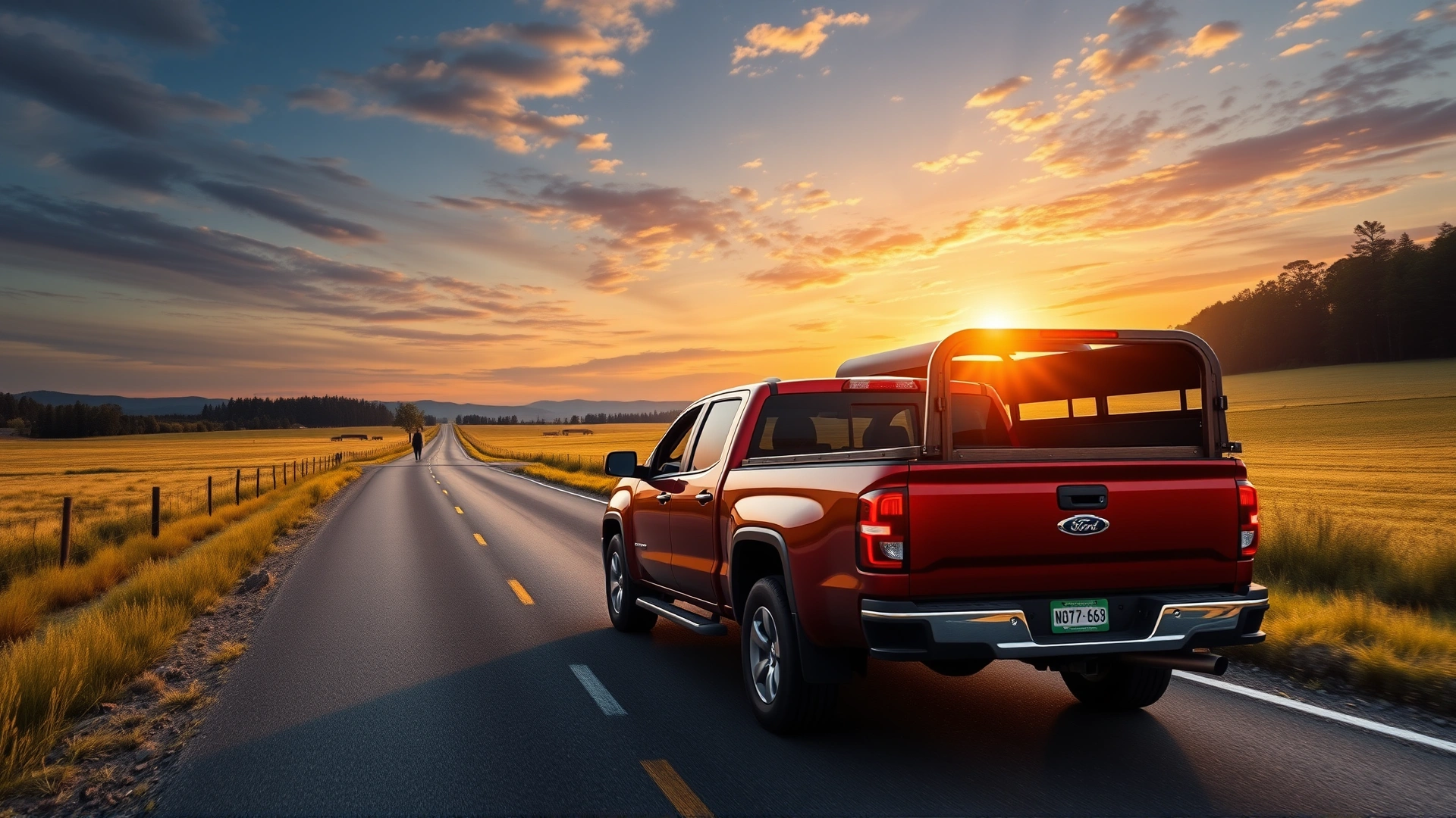 Wide-angle shot of a scenic country road at dawn with a pickup truck towing a horse trailer into the horizon, symbolizing the start of a journey.