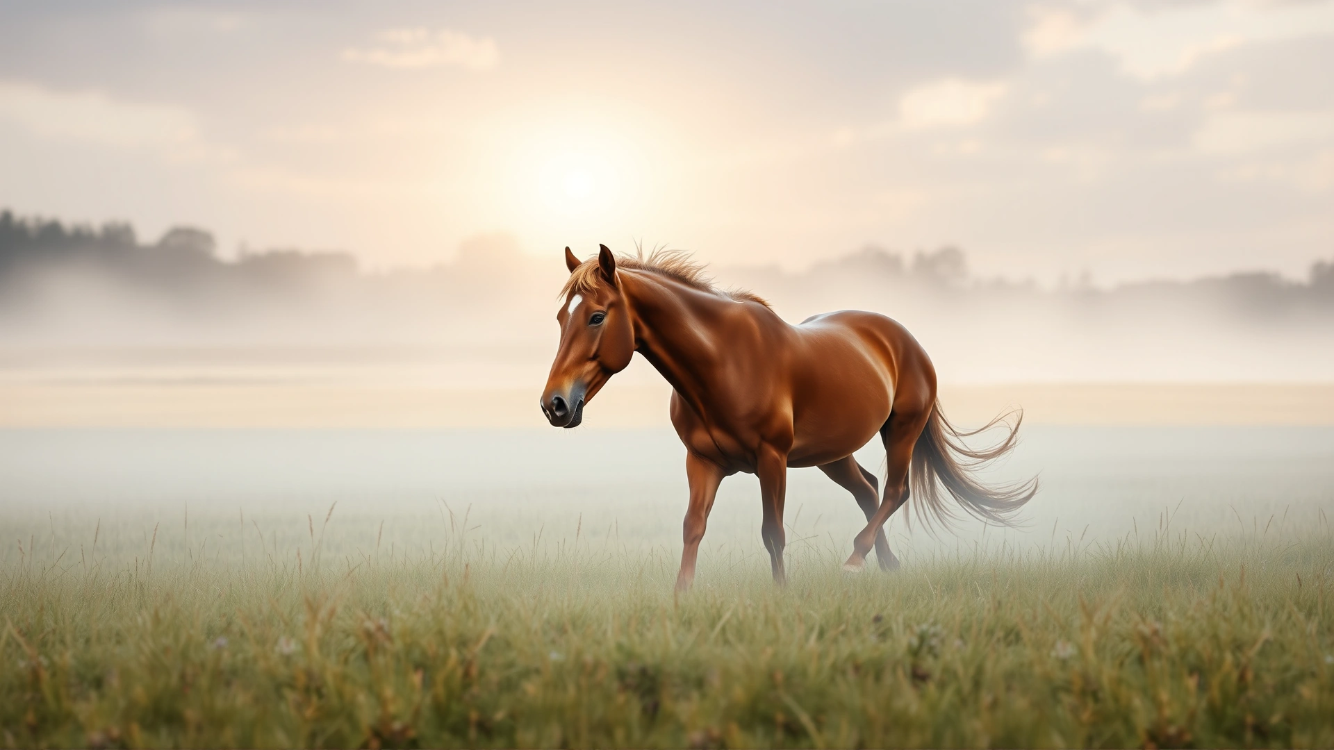 A majestic chestnut horse trotting through morning mist in an open pasture, soft golden light, no text