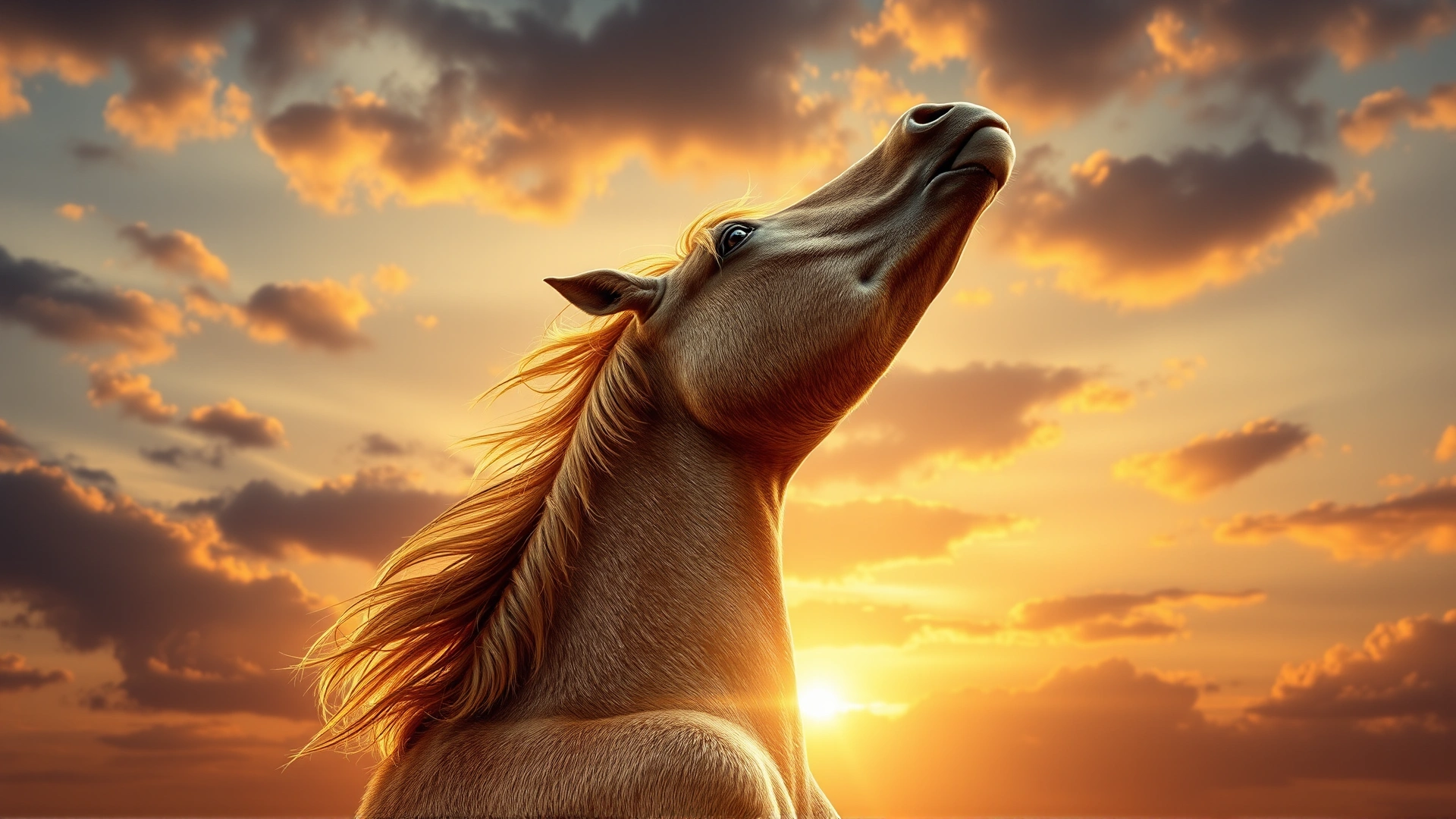 Close-up of a powerful stallion rearing up against a dramatic sunset sky, warm golden tones, high detail, no text