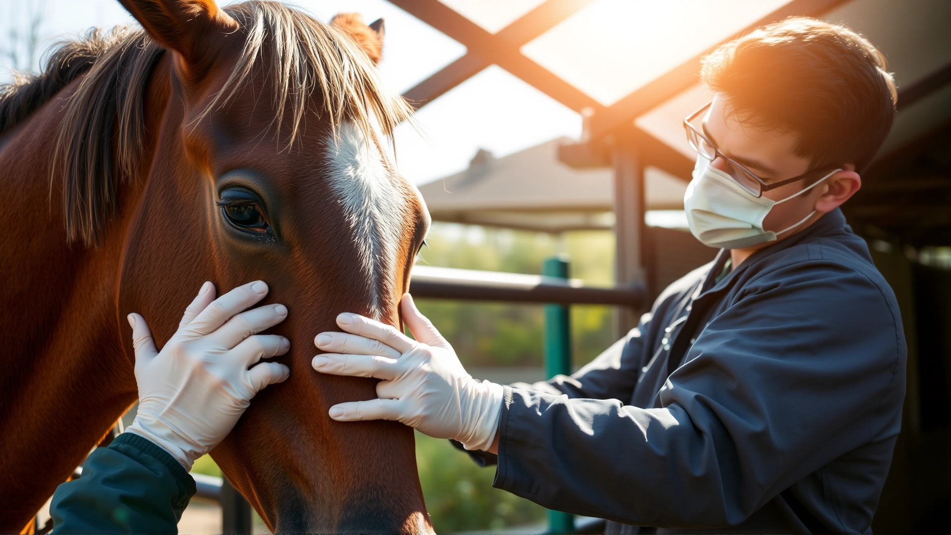 Close-up of a veterinarian examining a bay horse's neck for skin lesions in an outdoor stable setting, natural bright light.