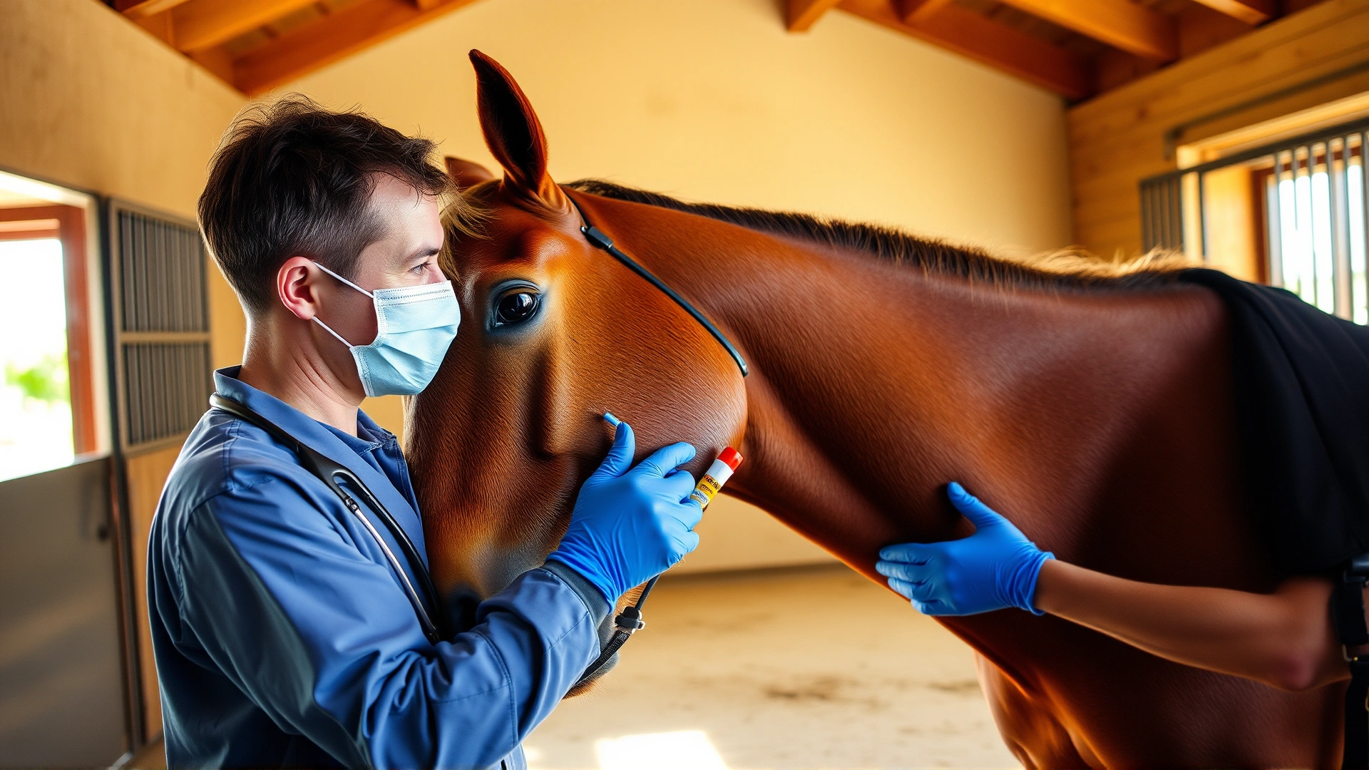 Wide-angle shot of a veterinarian in a barn administering oral paste NSAID to a calm bay horse held by its owner. Sunlight streaming through stable doors. Natural colors.