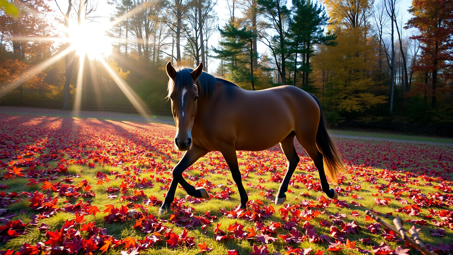 Wide-angle shot of a healthy horse walking through a field with scattered red maple leaves during fall, sun rays breaking through trees.