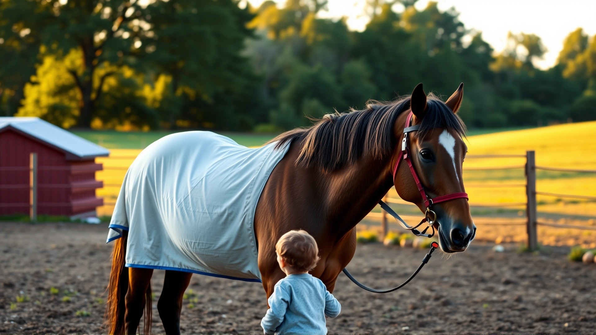 Wide-angle photo of a tranquil horse and therapist walking side by side with a child in a paddock, warm sunset lighting symbolizes hope and healing.