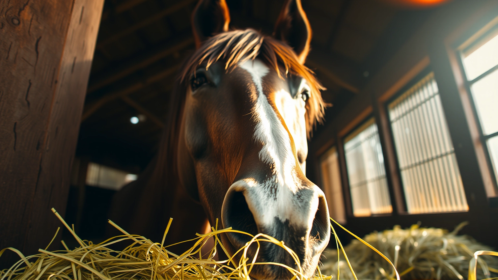 Majestic horse eating fresh hay inside a sunlit barn; close-up on the horse's head with hay strands.