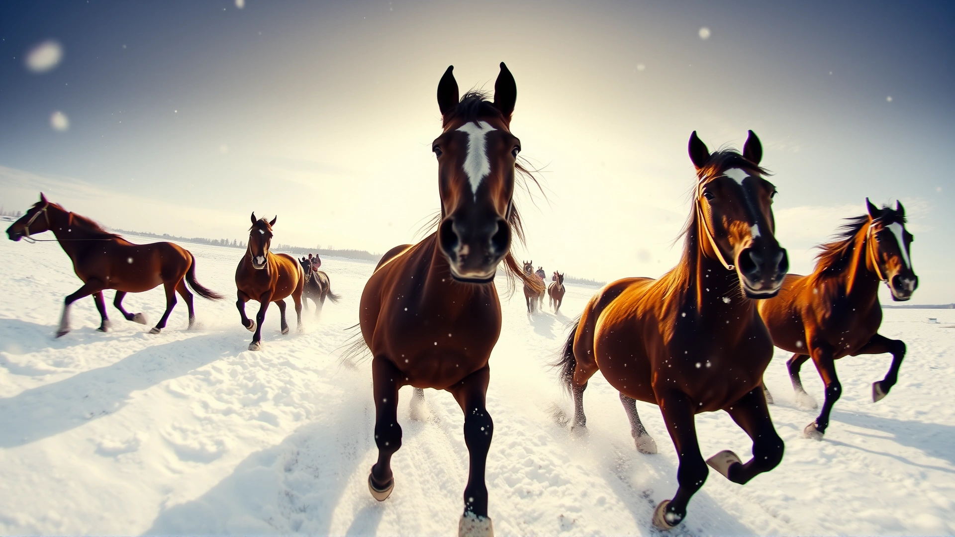Wide-angle shot of a healthy horse galloping through freshly fallen snow with flakes in the air, bright winter sky, conveying energy and seasonal context.