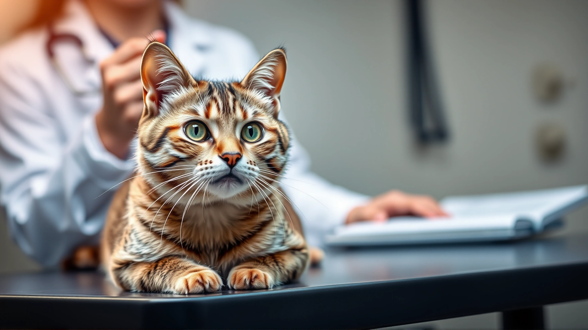 Domestic short-haired female cat sitting calmly on an examination table while a veterinarian in a white coat uses a stethoscope. Warm lighting, shallow depth of field, horizontal banner format.