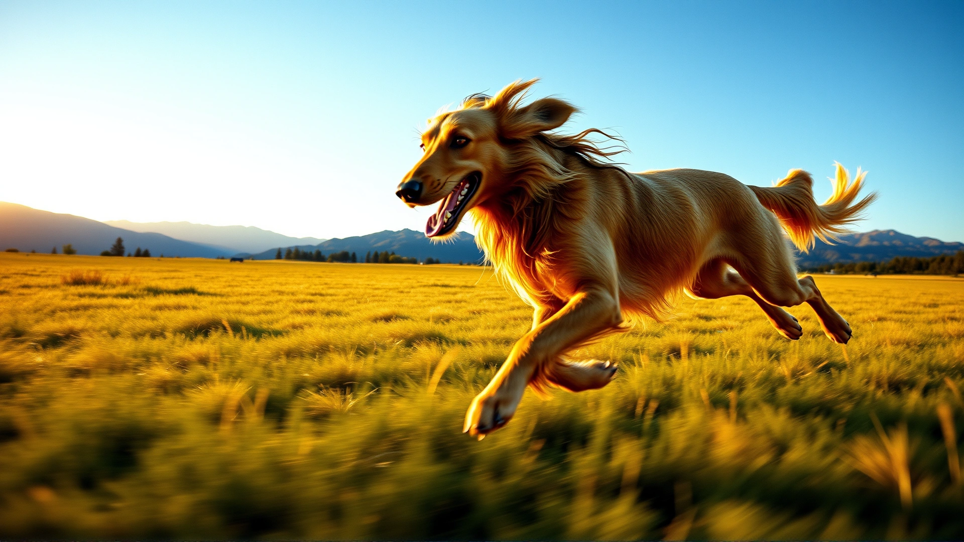 Wide-angle shot of an Afghan Hound sprinting across an open grassy field with mountains in the distance, golden hour lighting highlighting its flowing coat, slight motion blur to convey speed.
