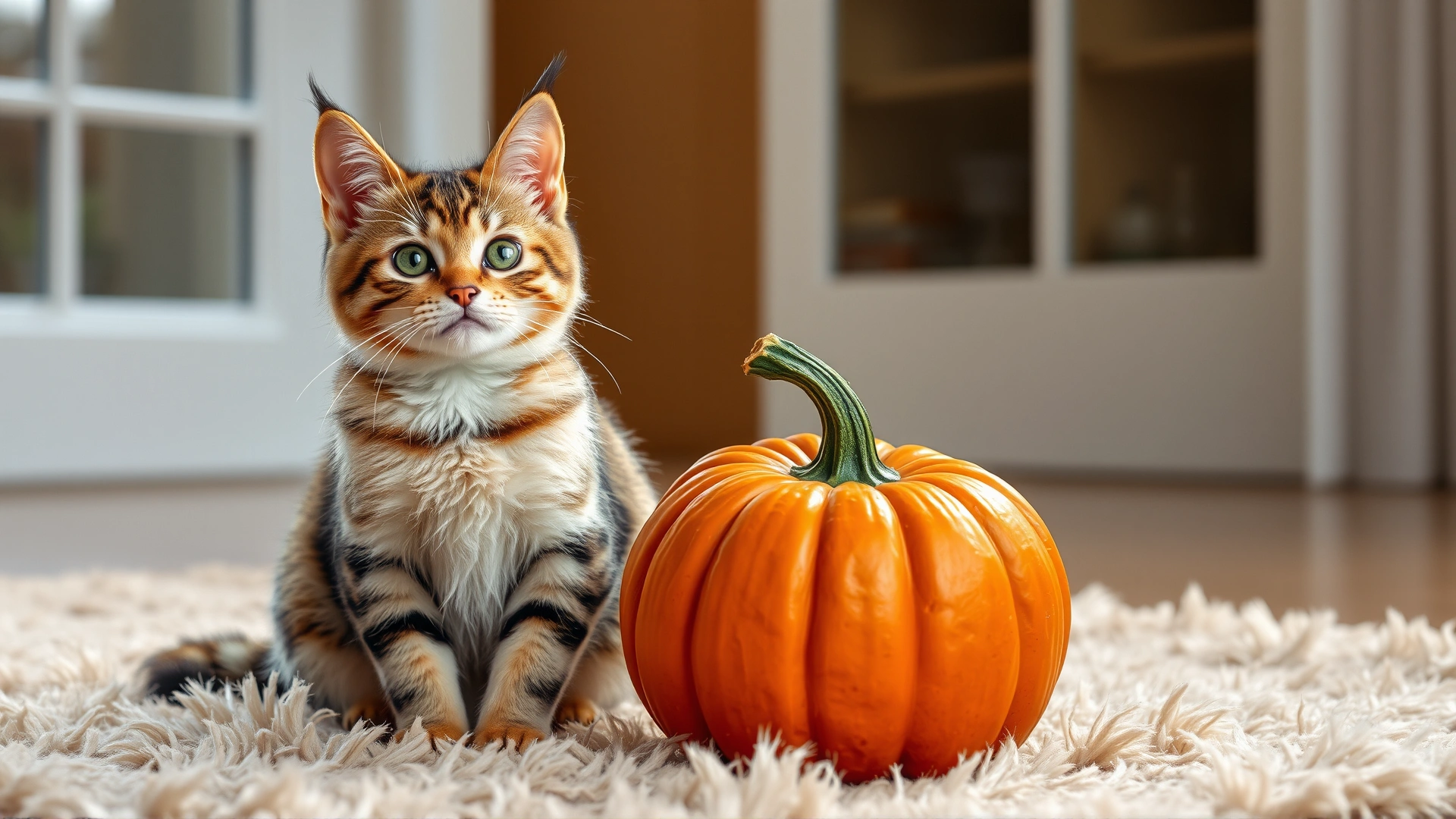 Playful tabby cat sitting next to a whole pumpkin on a fluffy rug, soft window light, cozy indoor scene.