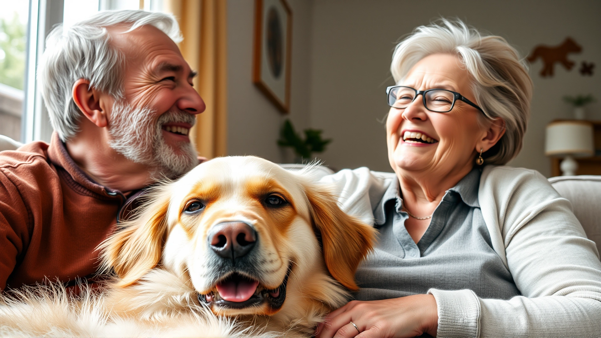 Close-up shot of a senior man and woman laughing together while a friendly golden retriever rests its head on the woman’s lap; bright living-room setting, natural light, cheerful mood.
