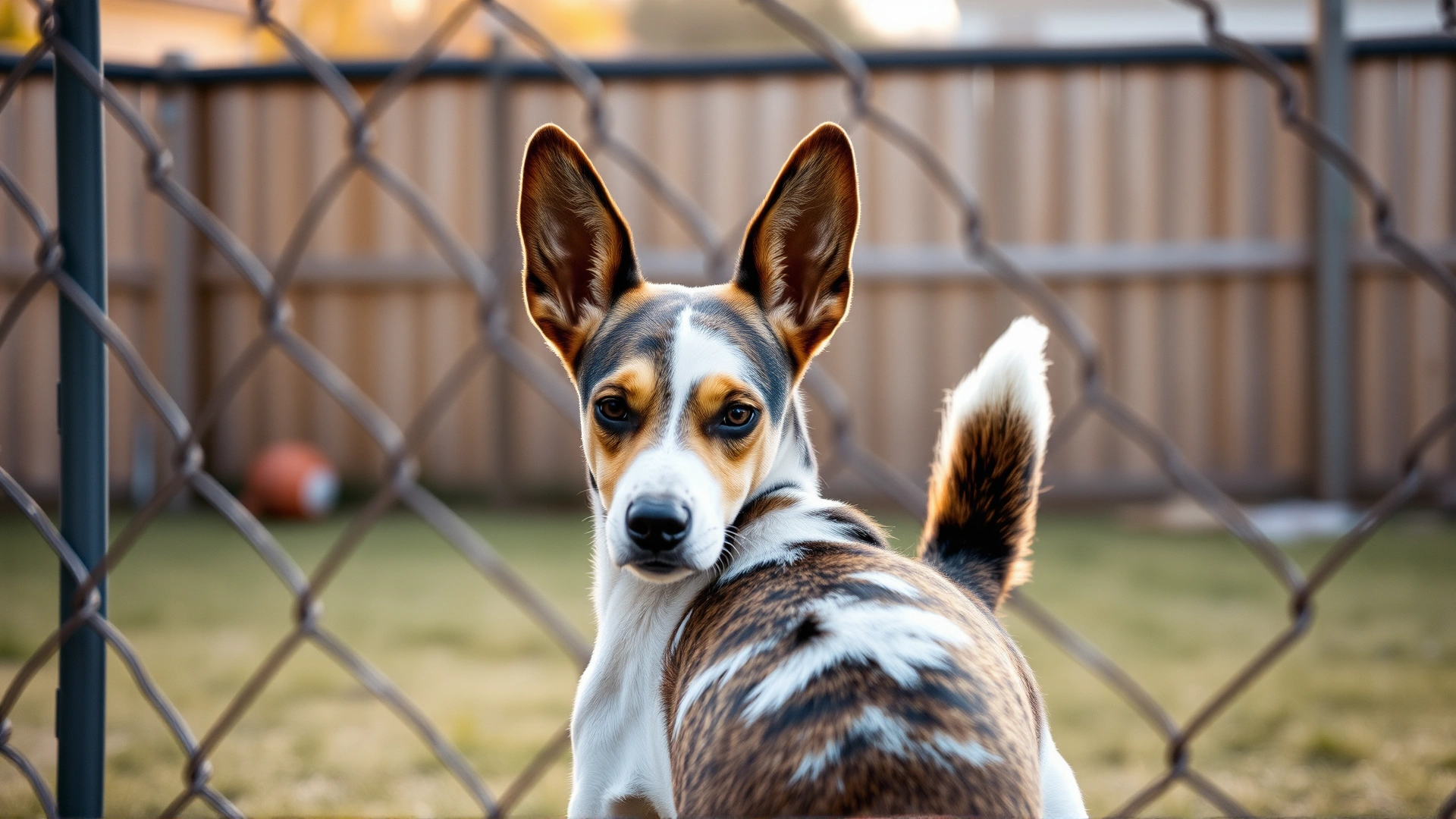 Wide horizontal photo of a dog standing behind a chain-link fence in a backyard, ears perked and tail wagging, early morning light, soft focus background.