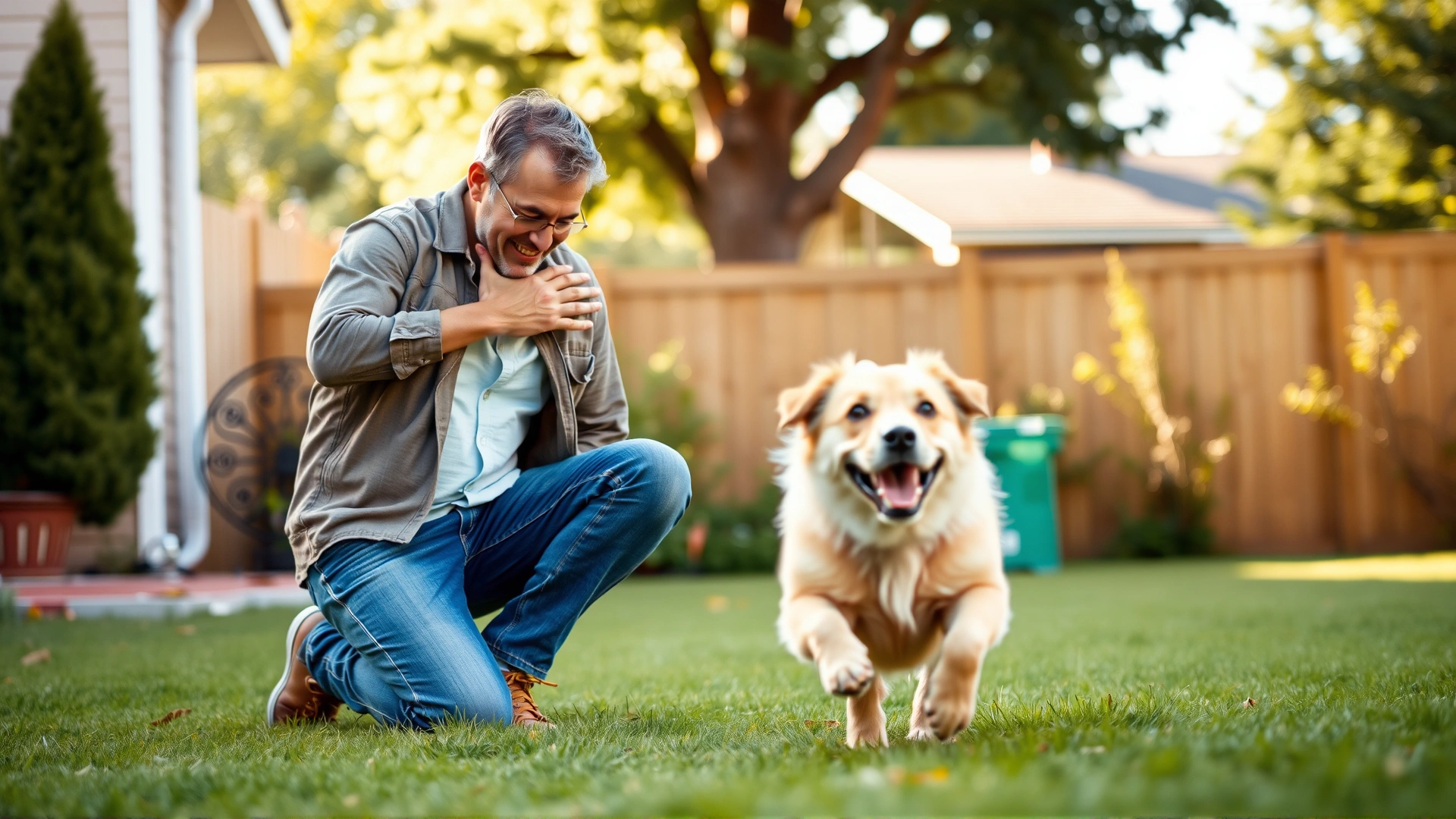 Owner kneeling with open arms as an energetic dog runs toward them in a bright backyard; shallow depth of field for a warm, welcoming hero banner.