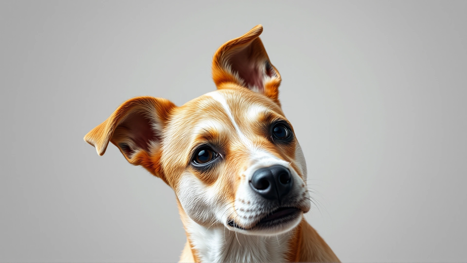 Medium shot of a cute dog tilting its head, showing one ear clearly, soft natural lighting, neutral background, no text.
