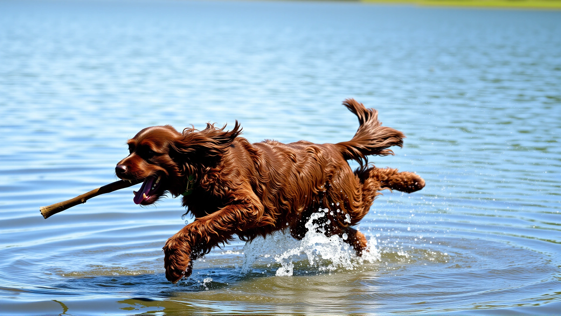 Irish Water Spaniel joyfully leaping into a lake while fetching a stick, water splashing mid-air, bright sunny day